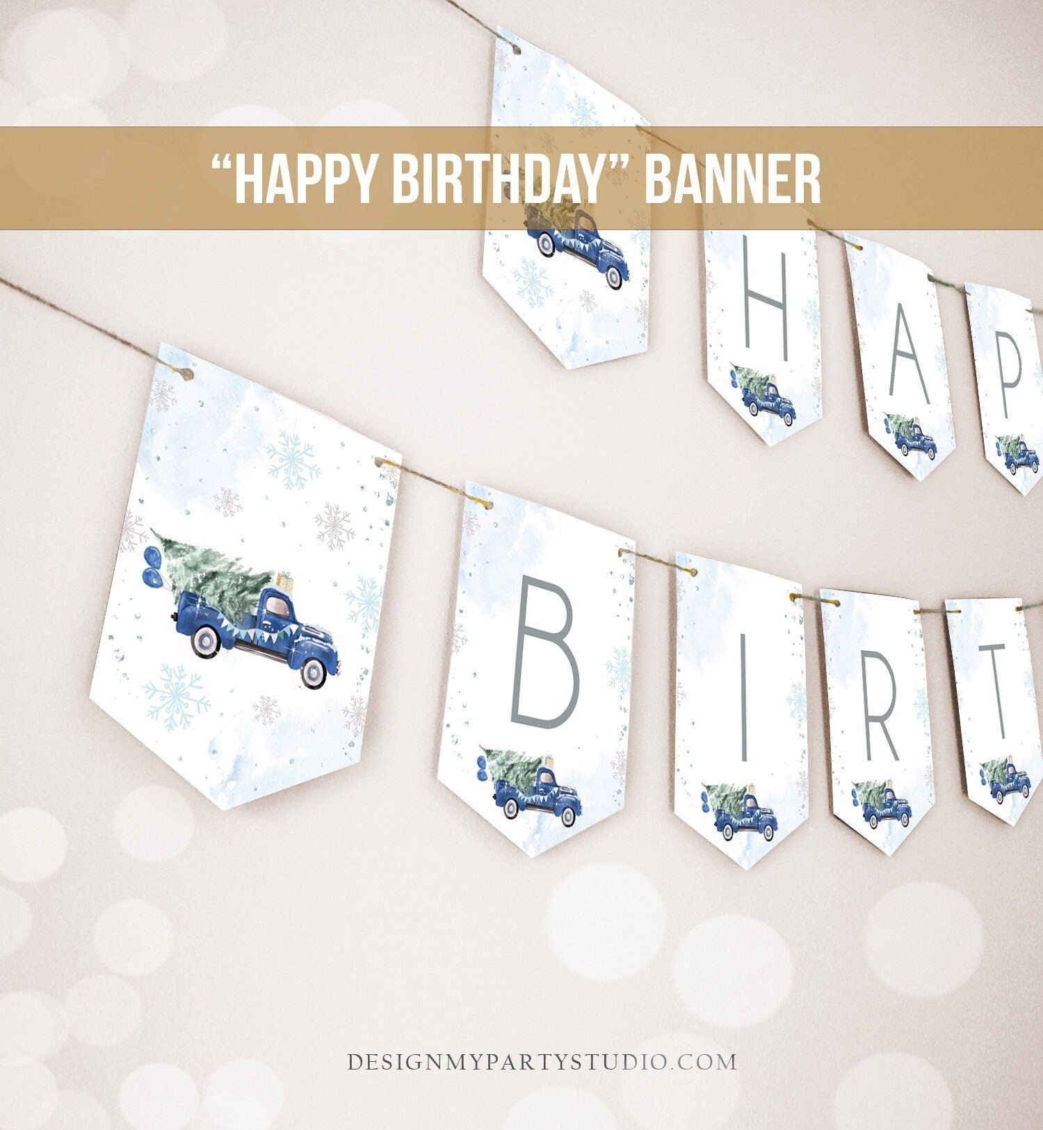 Happy Birthday Banner Winter Truck Blue Boy Birthday Winter Onederland Decor Christmas Tree Watercolor Digital Download Printable 0495