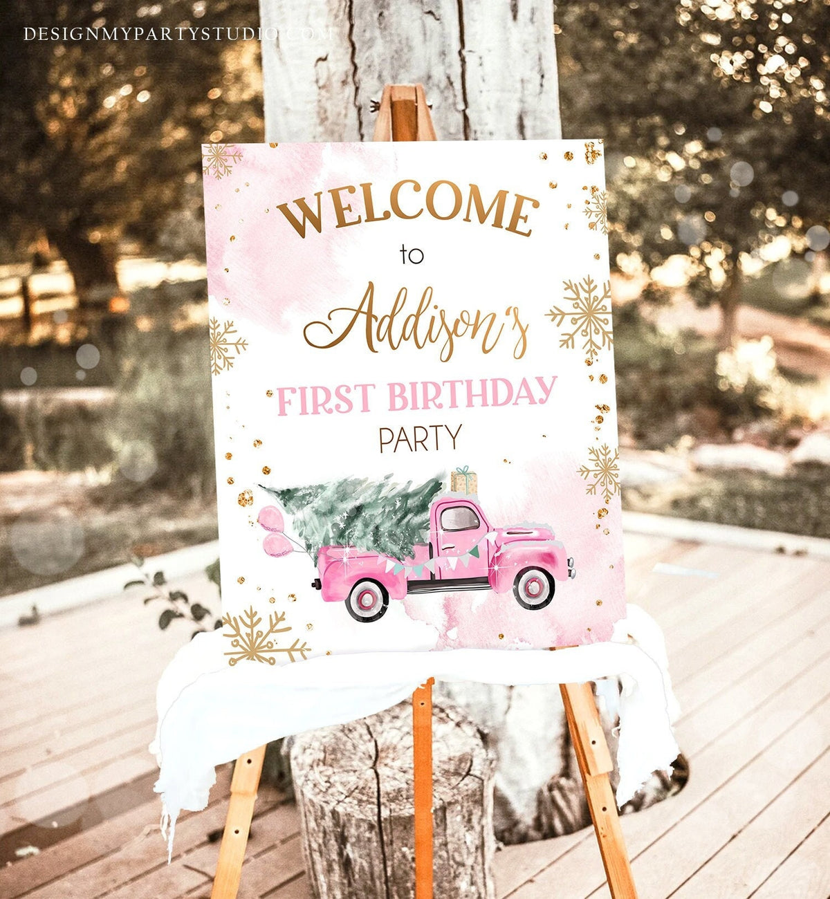 Editable Winter Truck Welcome Sign Onederland Pink Truck Watercolor Girl First Birthday Snowflake Wonderland Digital Template Printable 0495