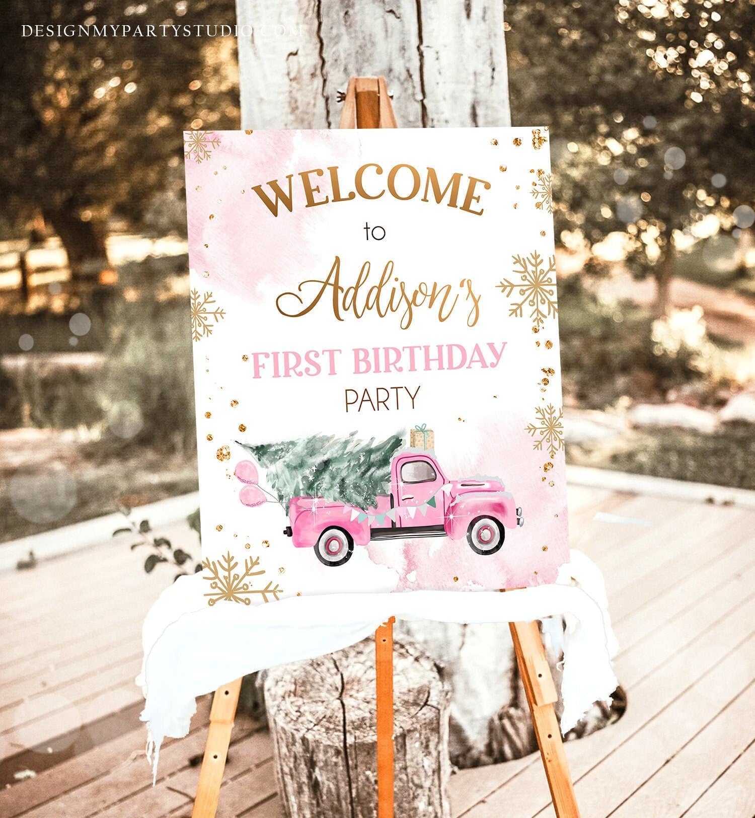 Editable Winter Truck Welcome Sign Onederland Pink Truck Watercolor Girl First Birthday Snowflake Wonderland Digital Template Printable 0495