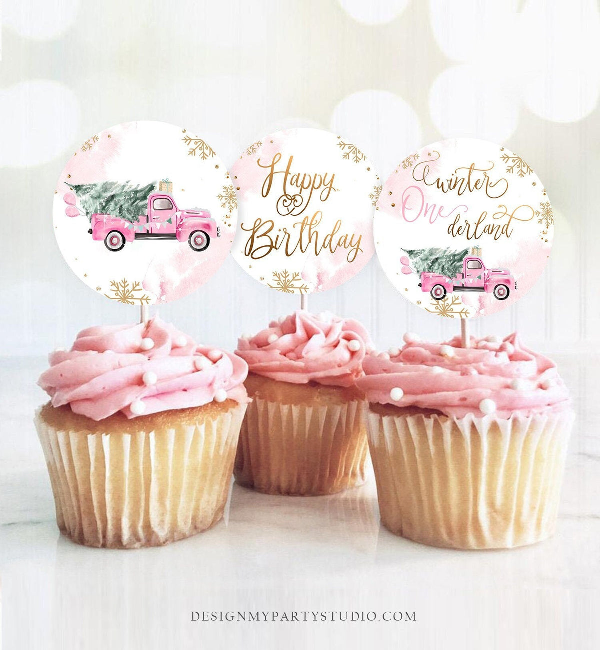 Winter Truck Cupcake Toppers Winter ONEderland Tree Girl First Birthday Party Decor Pink Truck Stickers Tags Download Digital Printable 0495