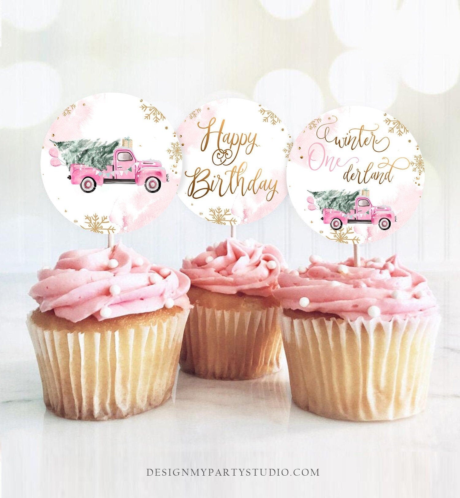 Winter Truck Cupcake Toppers Winter ONEderland Tree Girl First Birthday Party Decor Pink Truck Stickers Tags Download Digital Printable 0495