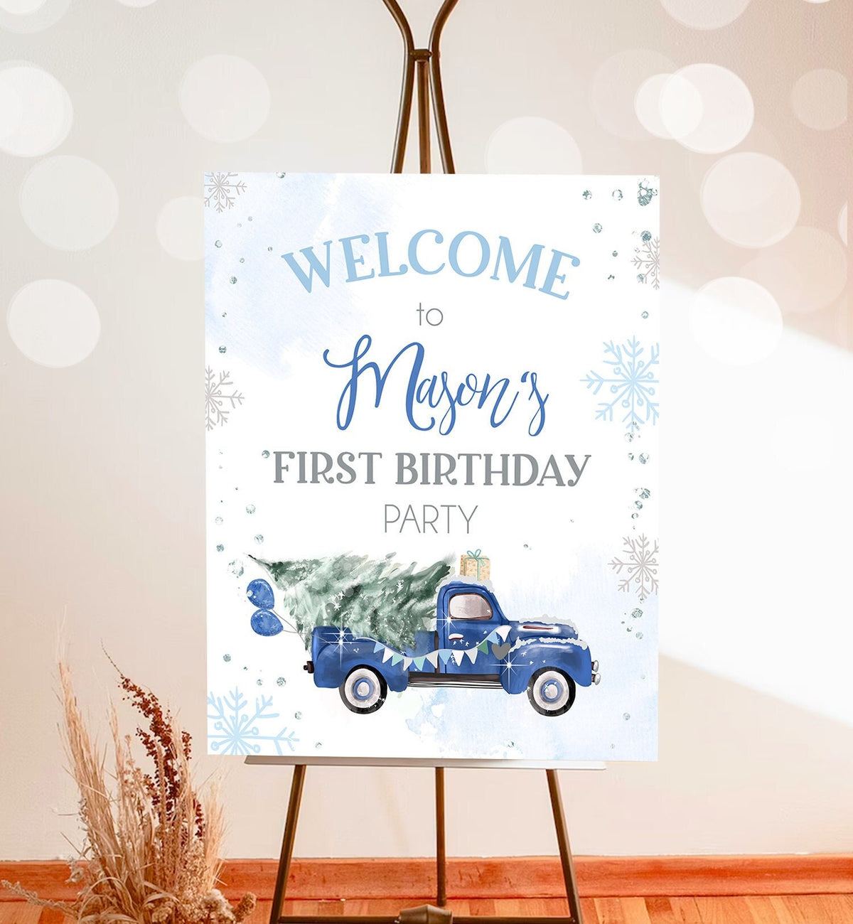 Editable Winter Truck Welcome Sign Onederland Blue Truck Watercolor Boy First Birthday Snowflake Wonderland Digital Template Printable 0495