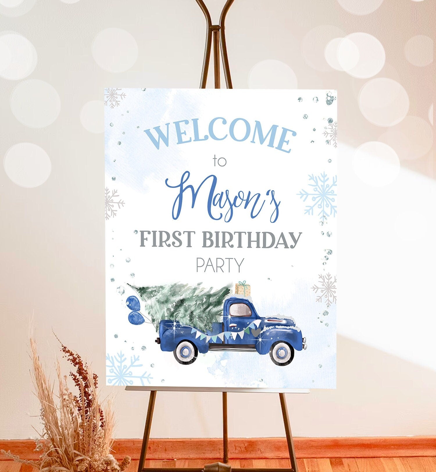 Editable Winter Truck Welcome Sign Onederland Blue Truck Watercolor Boy First Birthday Snowflake Wonderland Digital Template Printable 0495