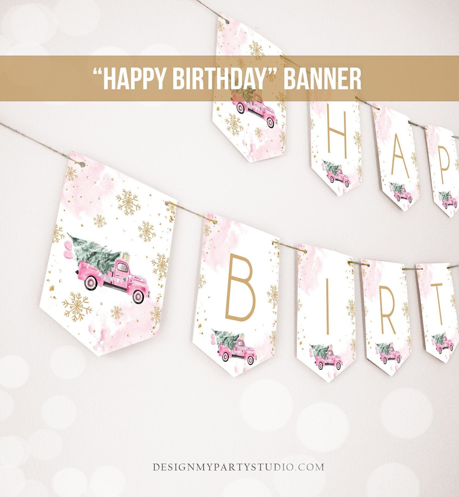 Happy Birthday Banner Winter Truck Pink Girl Birthday Winter Onederland Decor Christmas Tree Watercolor Digital Download Printable 0495