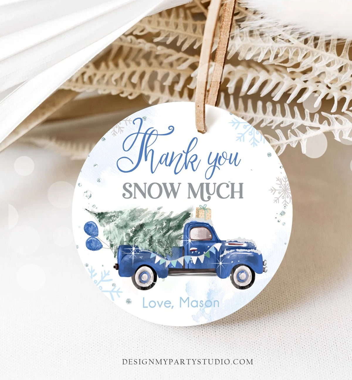 Editable Winter Onederland Favor Tag Christmas Tree Thank You Snow Much Blue Truck Birthday 1st Gift Tag Boy Digital Template Printable 0495