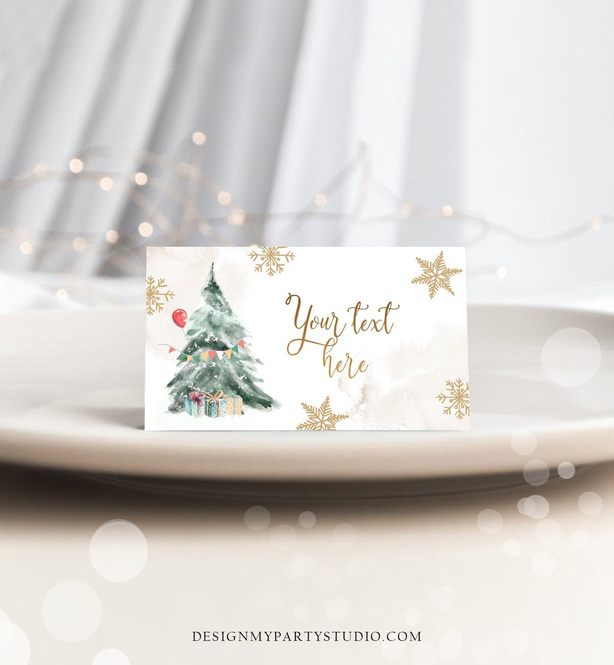 Editable Winter Onederland Birthday Food Label Tent Cards Winter Tree Neutral Red Gold Christmas Place Snow Digital Template Printable 0363