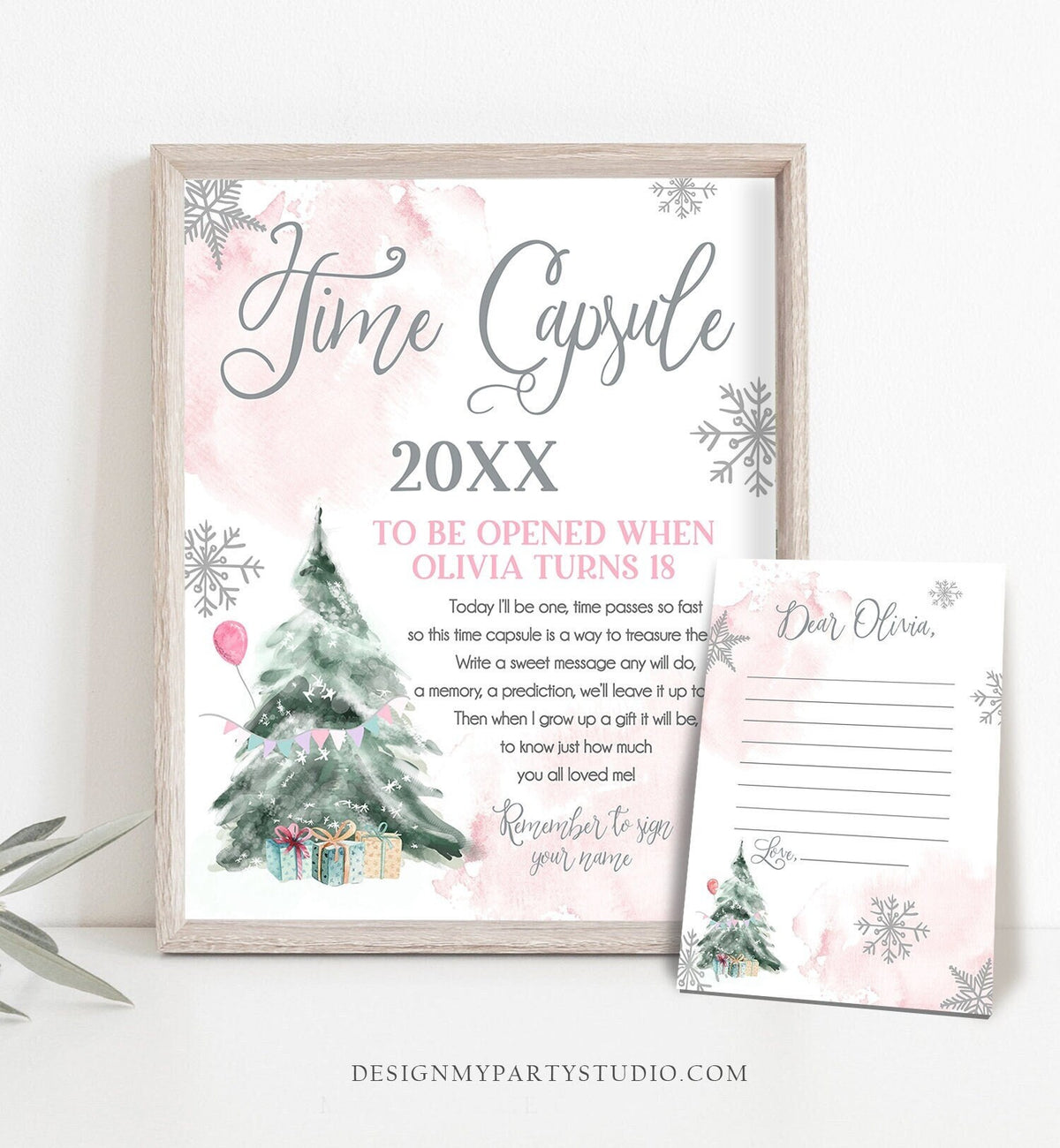 Editable Winter Onederland Time Capsule Winter First Birthday Party Girl Snowflake One 1st Pink Guestbook Digital Template Printable 0363