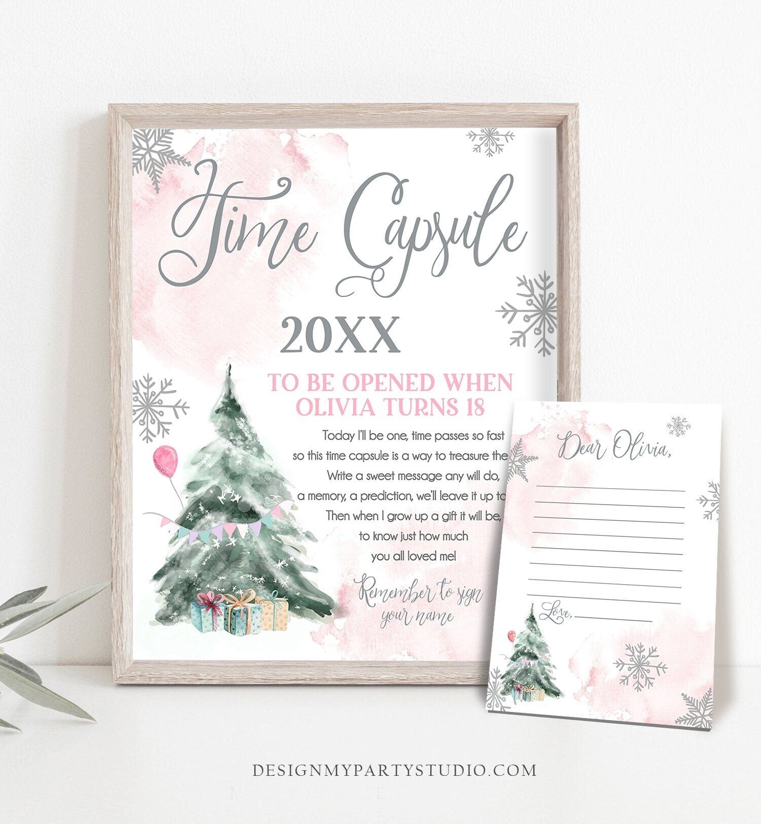 Editable Winter Onederland Time Capsule Winter First Birthday Party Girl Snowflake One 1st Pink Guestbook Digital Template Printable 0363