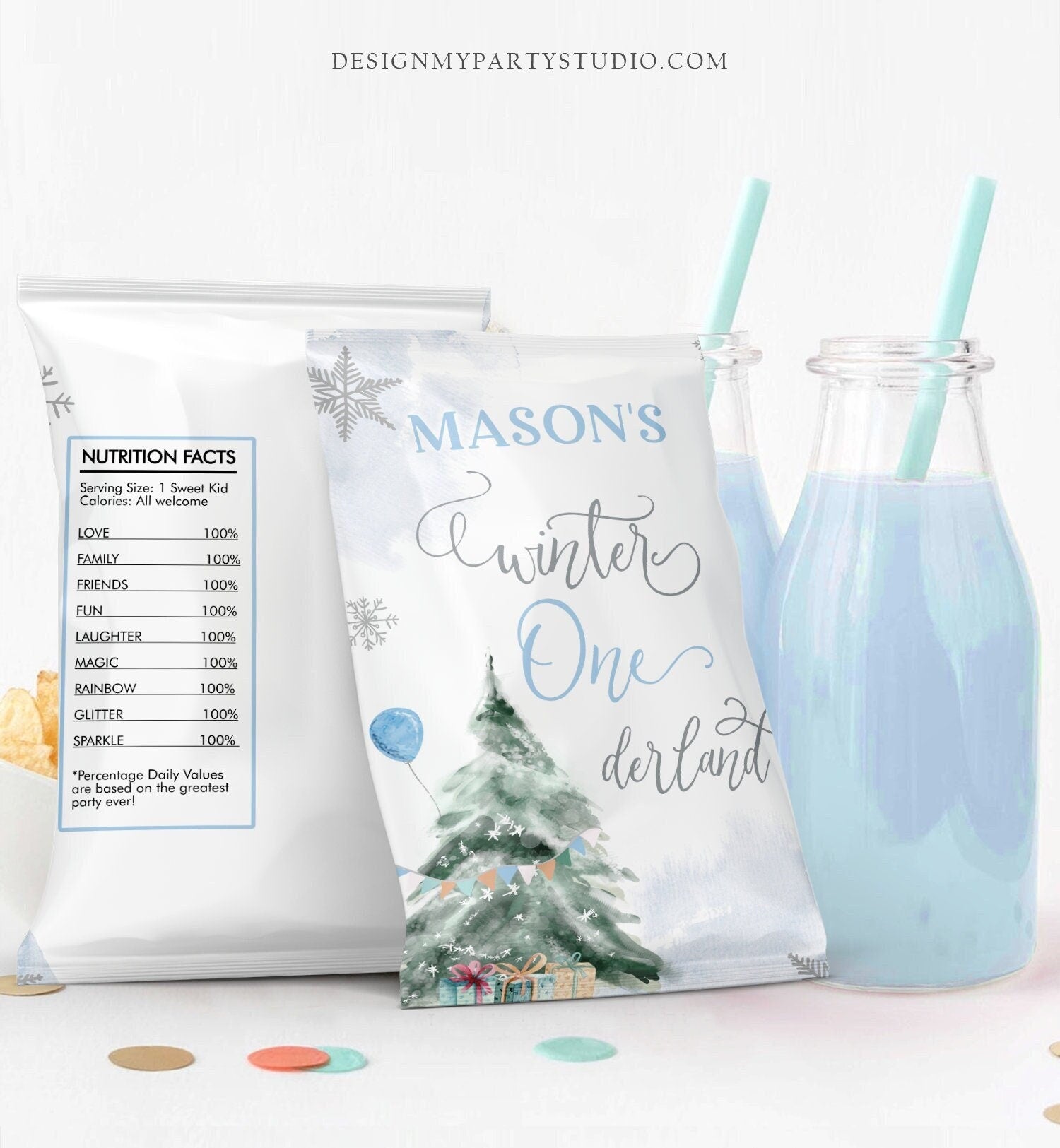 Editable Winter ONEderland Chip Bag Christmas Tree Snowflake Wonderland Boy First Birthday Party Favors Digital Template Printable 0363