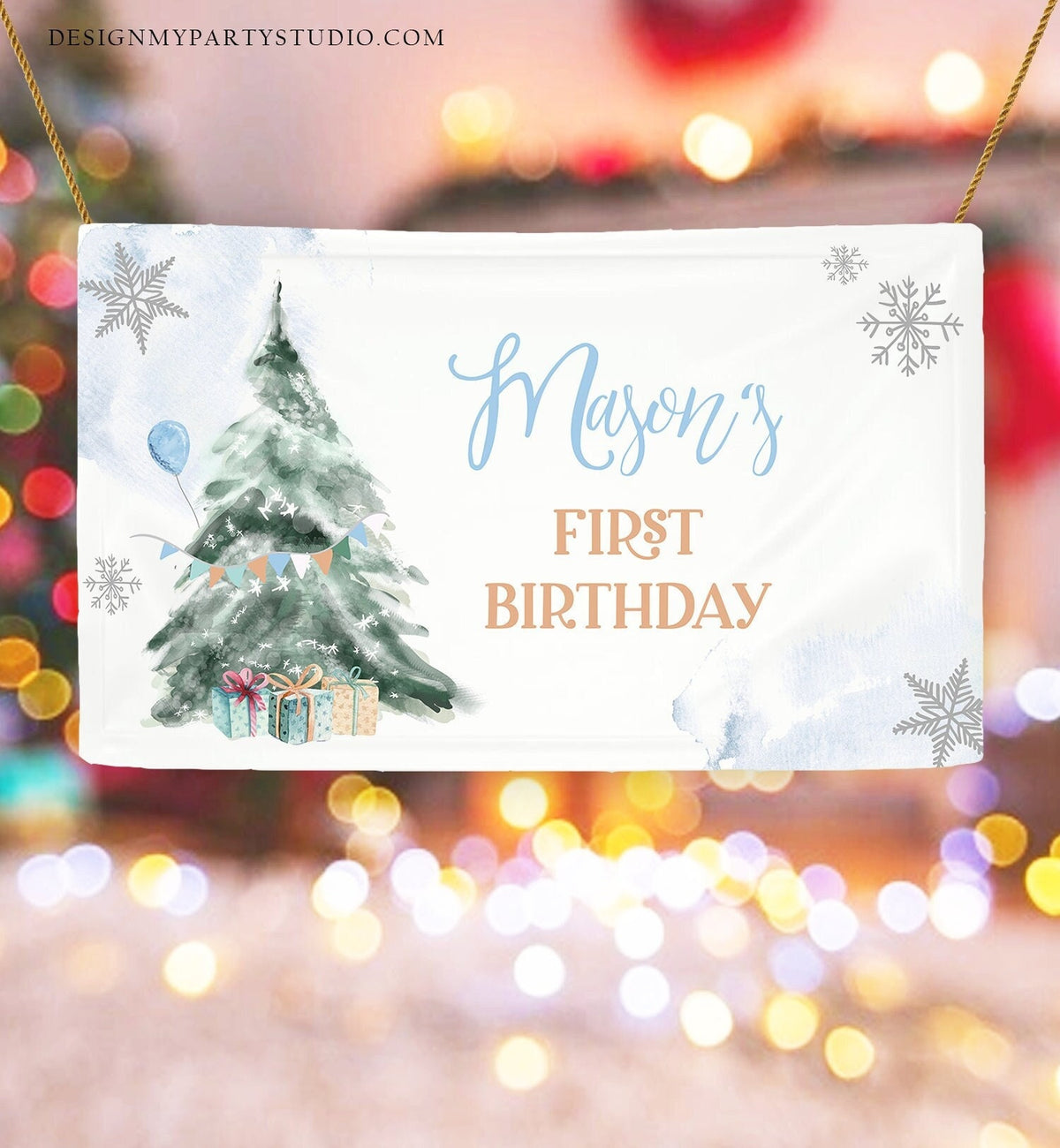 Editable Winter Tree Backdrop Banner Boy Blue Silver Christmas Birthday Winter Onederland Snow Digital Download Template Printable 0363