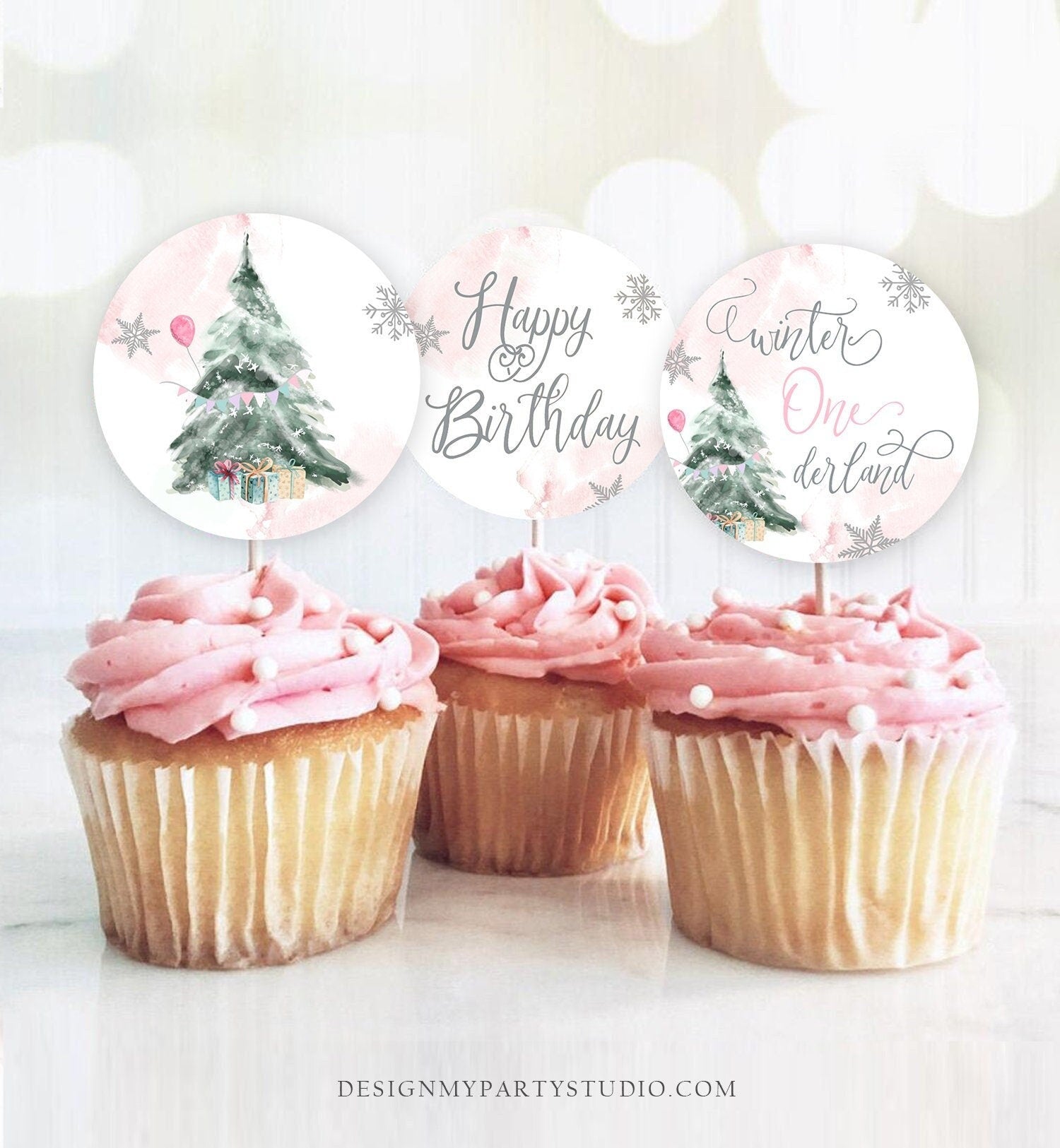 Winter ONEderland Cupcake Toppers Winter Tree Birthday Party Decorations Oh What Fun Silver Pink Stickers Tags Digital Printable 0363