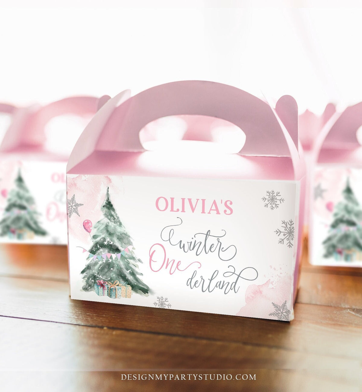 Editable Winter ONEderland Gable Gift Box Label Girl Birthday Treat Box Label Snow Tree Christmas Snowflake Digital Download Printable 0363