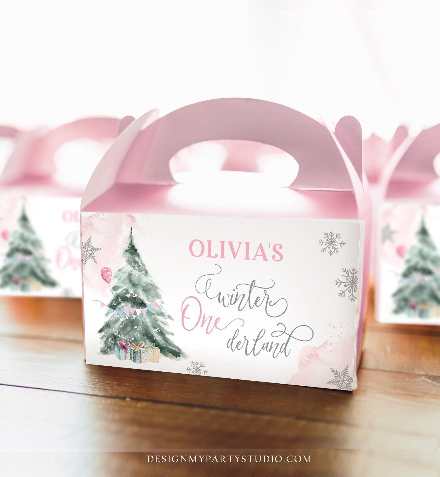 Editable Winter ONEderland Gable Gift Box Label Girl Birthday Treat Box Label Snow Tree Christmas Snowflake Digital Download Printable 0363