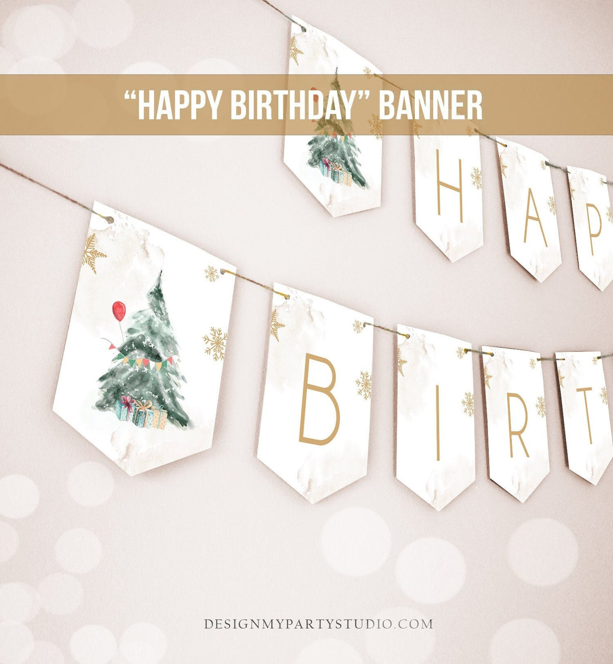 Happy Birthday Banner Winter Tree Birthday Neutral Gold Red Winter Onederland Winter Magical Christmas Digital Download Printable 0363