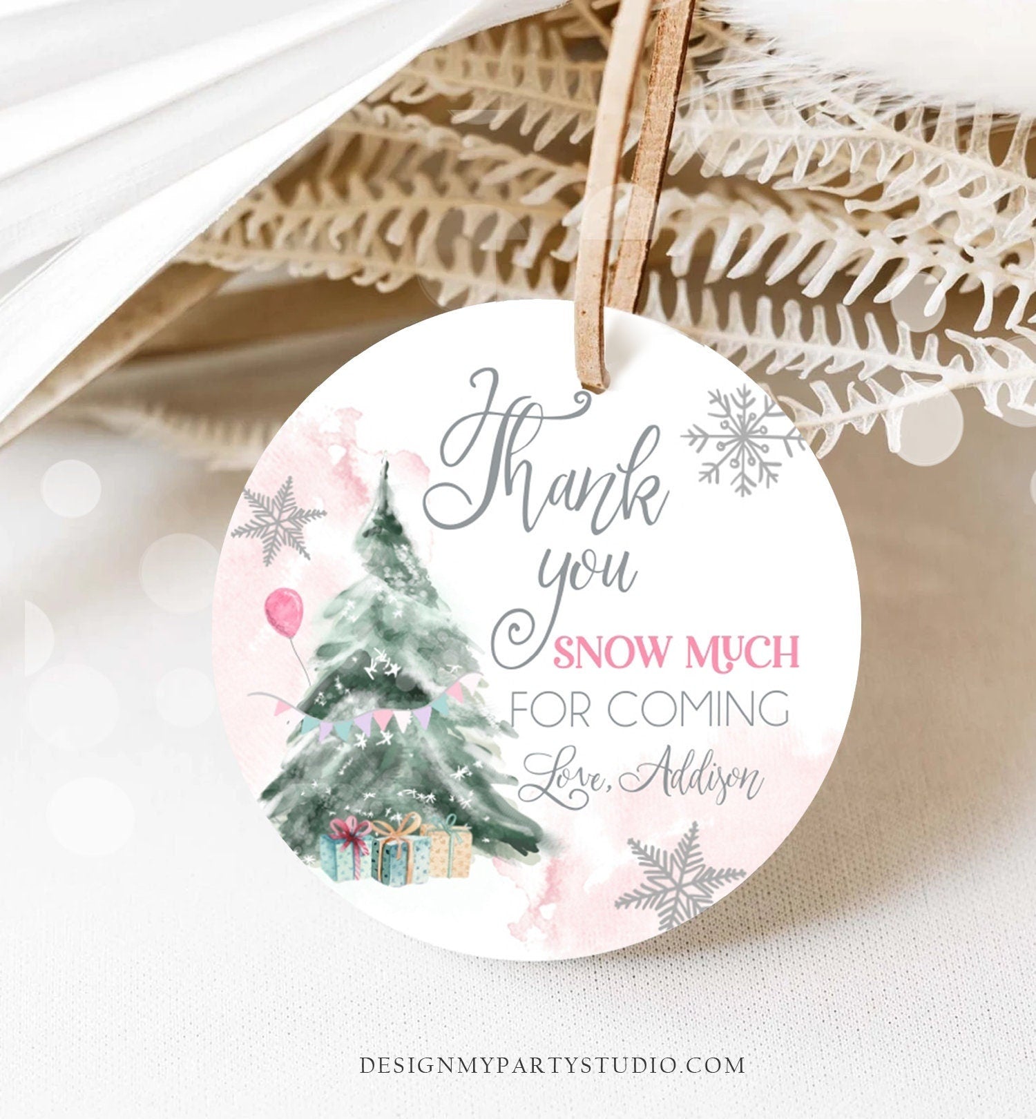 Editable Winter Tree Thank You Tag Winter Onederland Girl Christmas Thank You Snow Much Birthday Pink Silver Digital Template Printable 0363