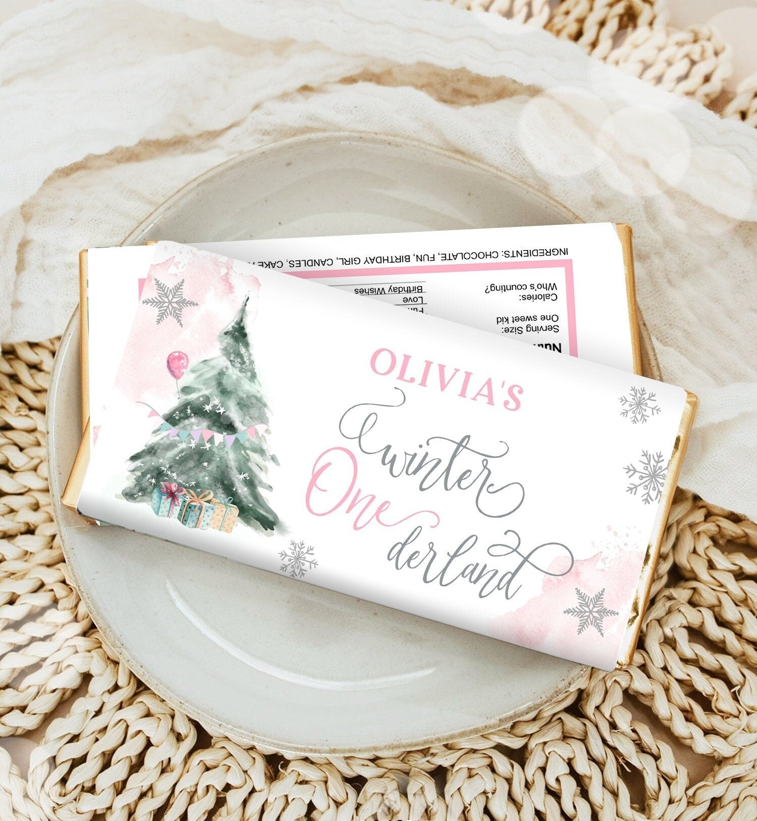 Editable Winter ONEderland Chocolate Bar Label Candy Bar Wrapper Girl First Birthday Christmas Tree Digital Download Template Printable 0363