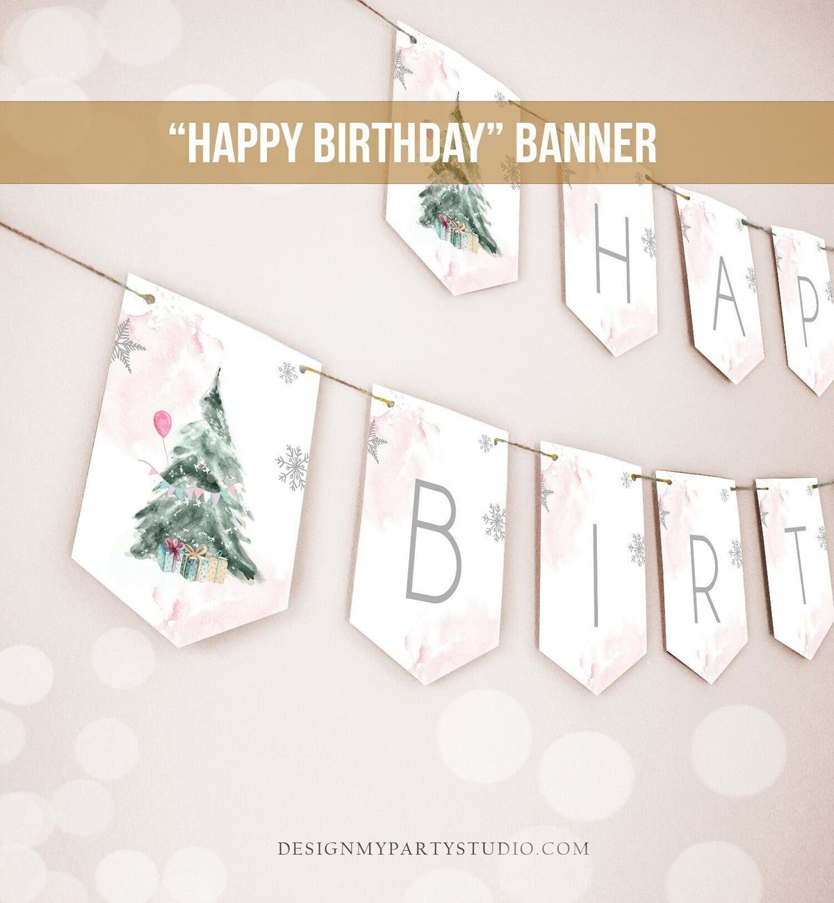 Happy Birthday Banner Winter Tree Birthday Girl Winter Onederland Magical Winter Christmas Silver Pink Digital Download Printable 0363