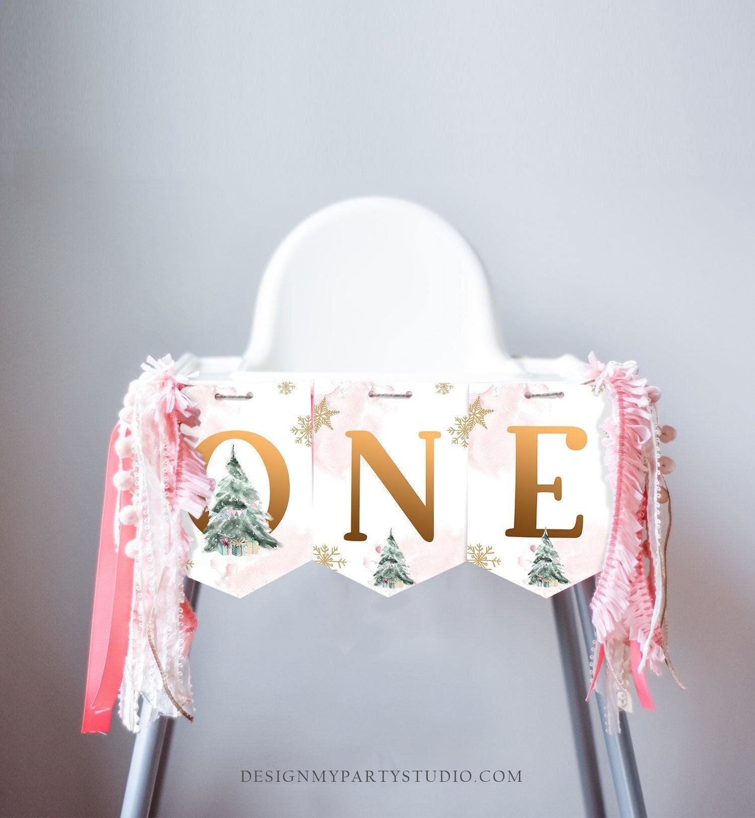 One High Chair Banner Winter Onederland Girl 1st First Birthday Pink Christmas Birthday Oh What Fun ONE Tree Decor Digital Printable 0363