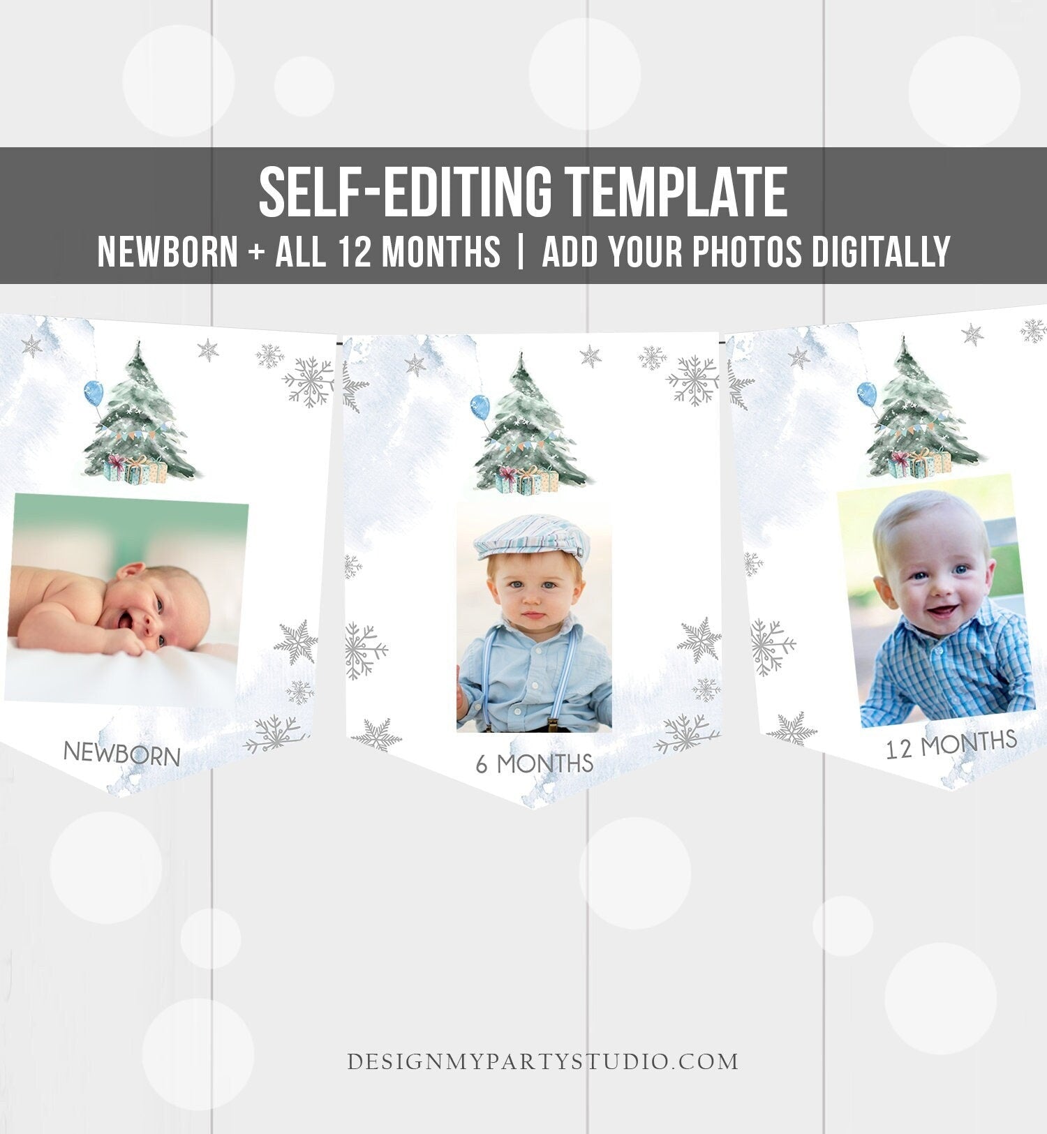 Editable Winter Onederland First Birthday Banner Monthly Photo Banner 1st Tree Watercolor Snow Blue Boy Digital Template Printable 0363