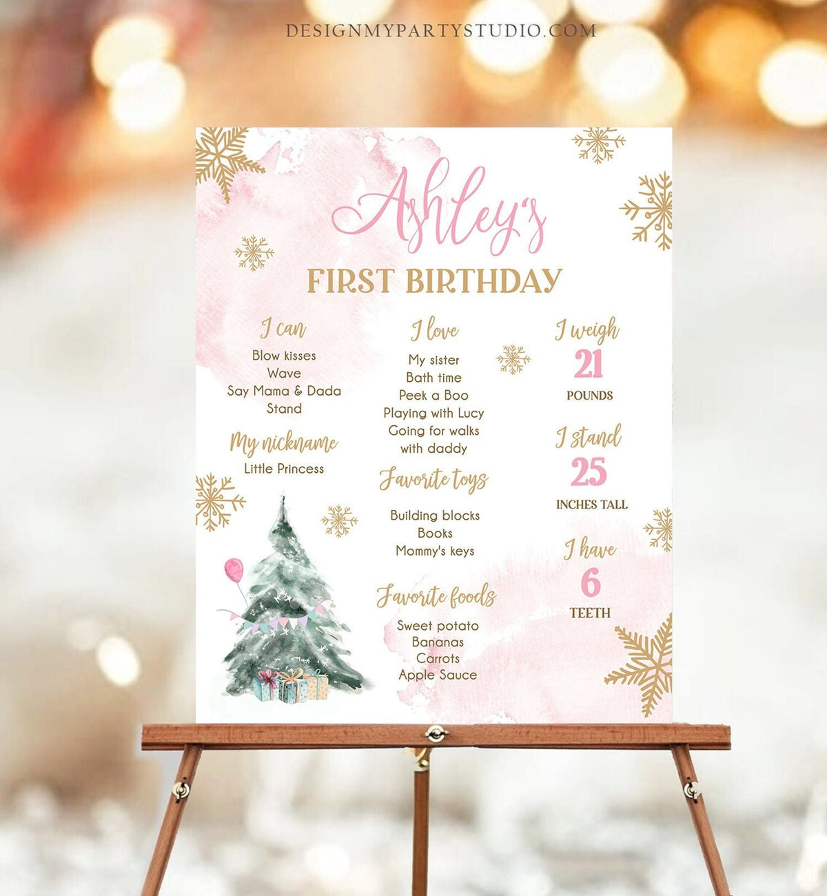 Editable Winter Tree Birthday Milestones Sign Winter Onederland Watercolor First Birthday Girl Gold Pink Digital Template Printable 0363