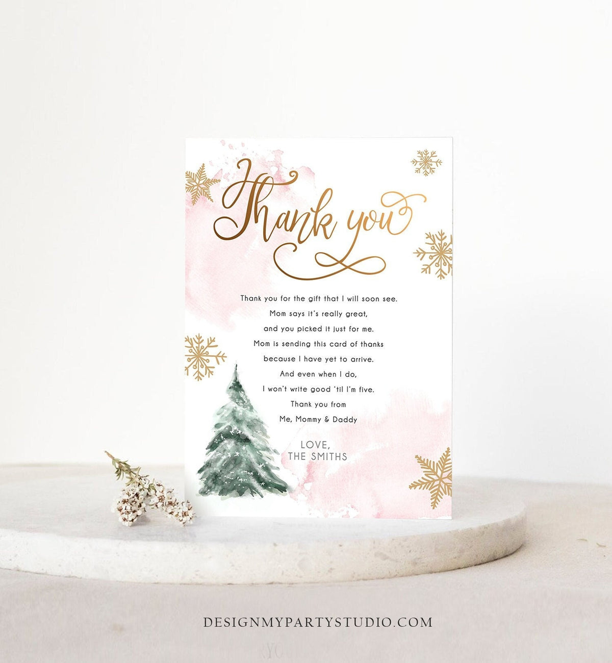Editable Winter Tree Thank You Card Watercolor Baby Its Cold Outside Baby Shower Pink Girl Gold Neutral Snow Digital Template Printable 0363