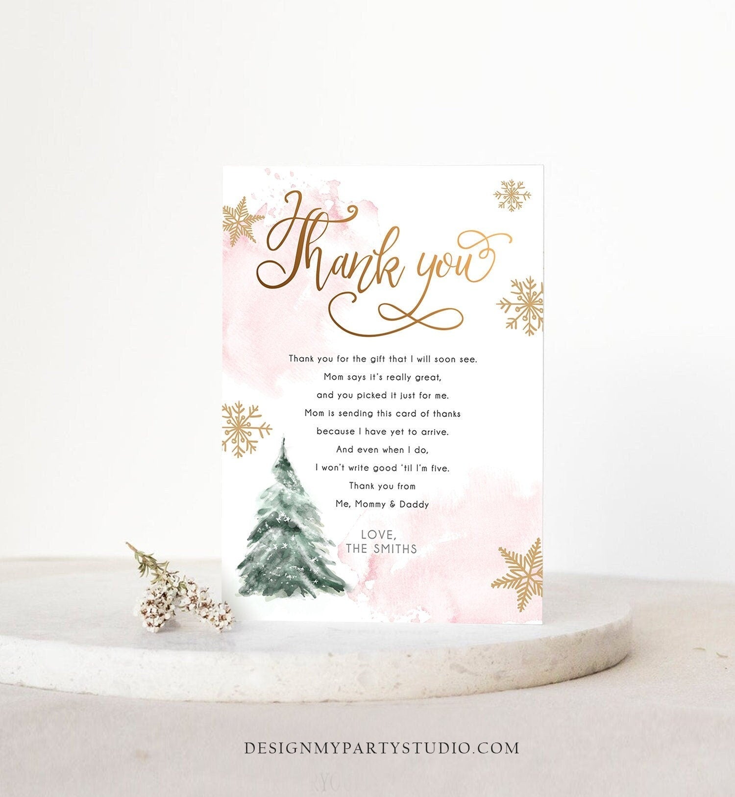 Editable Winter Tree Thank You Card Watercolor Baby Its Cold Outside Baby Shower Pink Girl Gold Neutral Snow Digital Template Printable 0363