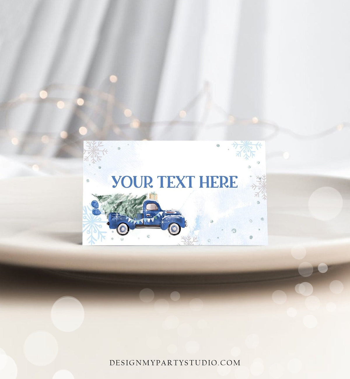 Editable Winter Truck Food Label Place Card Tent Card Escort Holiday Party Christmas Blue Truck Winter Tree Digital Template Printable 0495