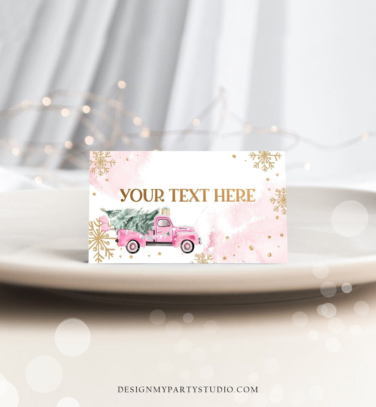 Editable Winter Truck Food Label Place Card Tent Card Escort Holiday Party Christmas Pink Truck Winter Tree Digital Template Printable 0495