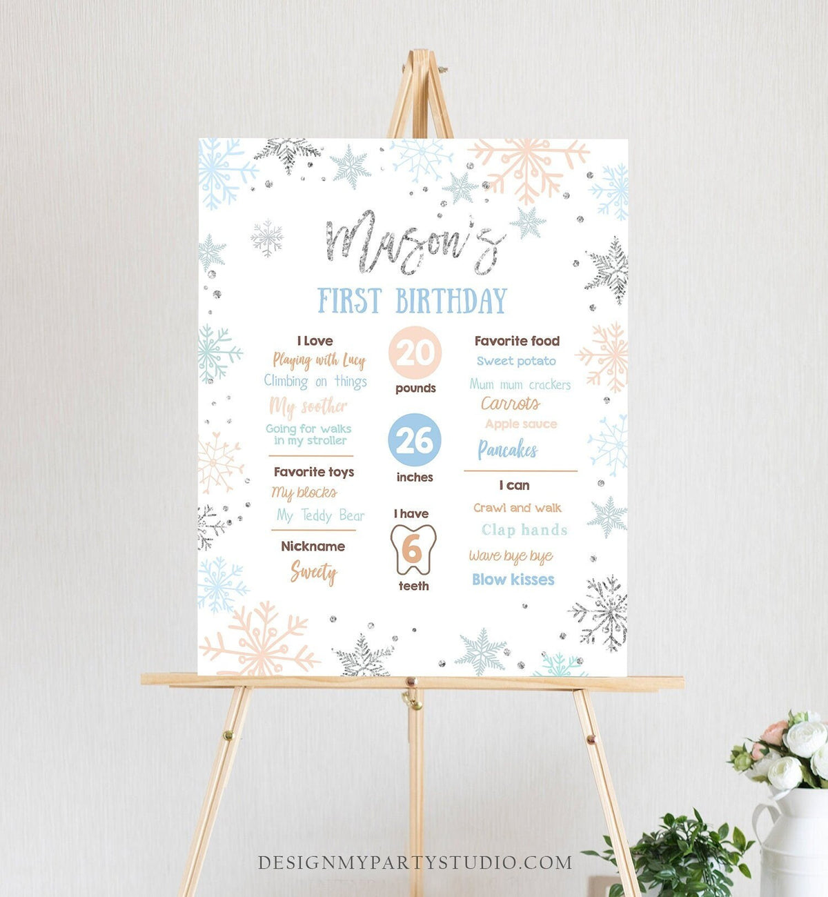 Editable Winter Birthday Milestones Sign Winter Onederland First Birthday Boy Blue Silver Snowflakes Floral Digital Template Printable 0256