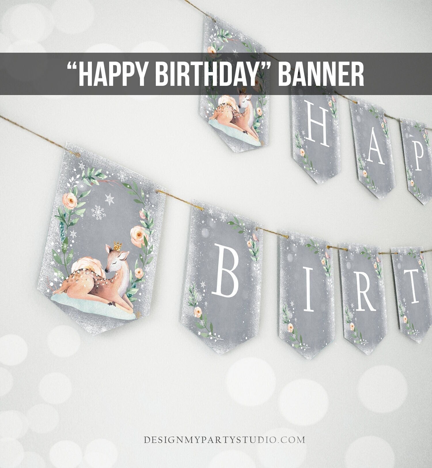 Happy Birthday Banner Winter Onederland Deer Decor Banner Winter Woodland Girl Pink Gold Floral Instant Digital Download Printable 0265