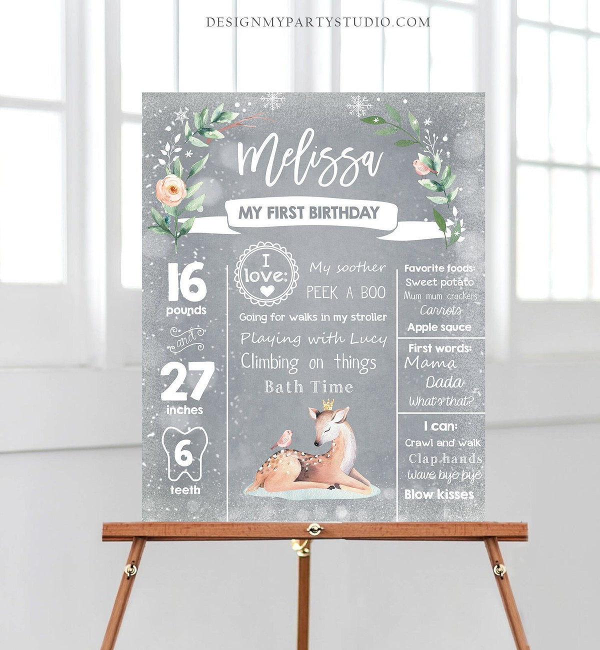 Editable Winter Onederland Birthday Milestones Sign First Birthday 1st Snowflakes Girl White Woodland Deer Digital Template Printable 0265