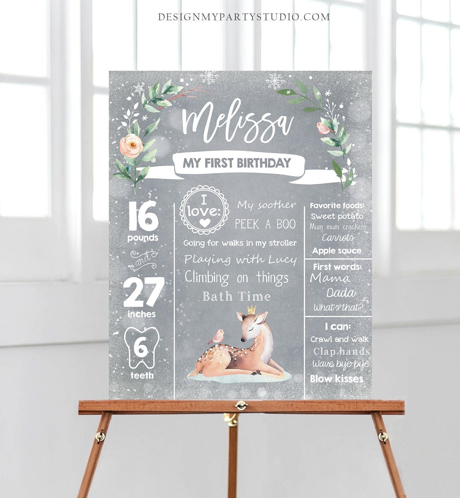 Editable Winter Onederland Birthday Milestones Sign First Birthday 1st Snowflakes Girl White Woodland Deer Digital Template Printable 0265