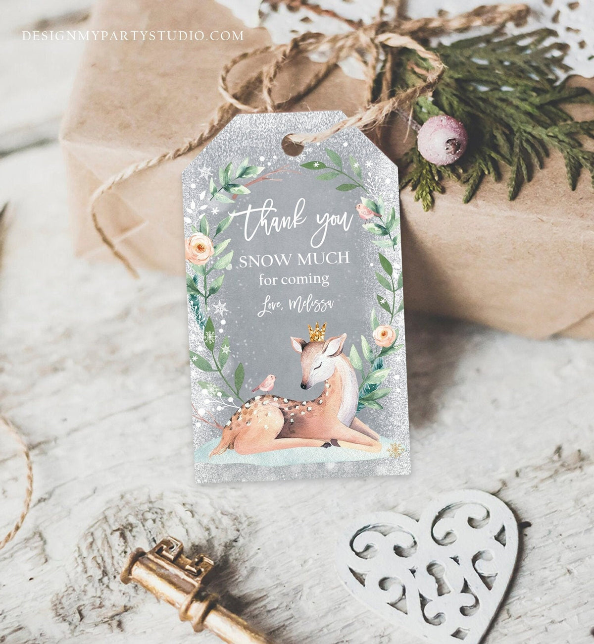 Editable Winter Birthday Favor Tags Pink Girl Snowflakes Thank You Snow much Winter Onederland Deer Shower Digital Template Printable 0265