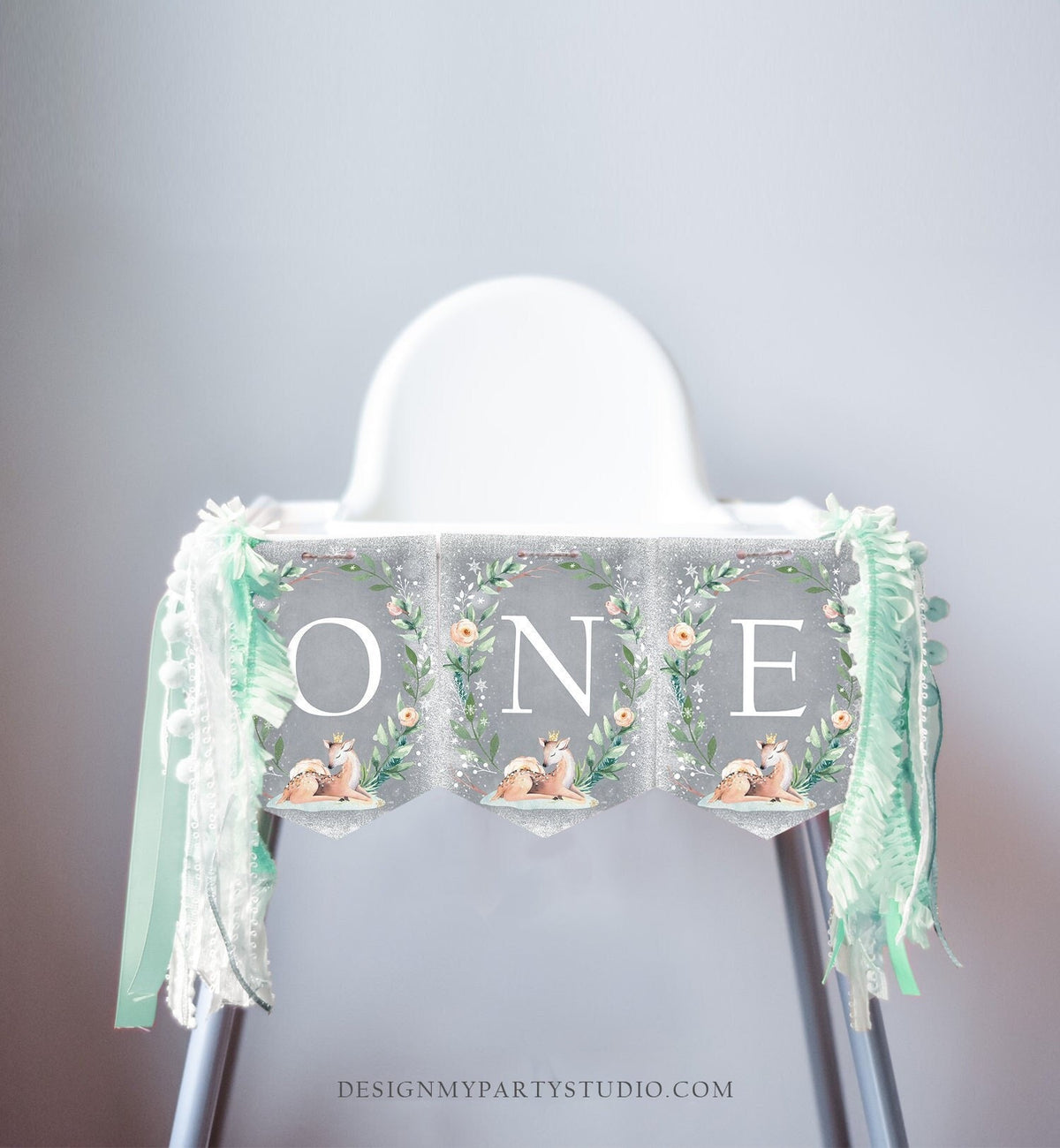 High Chair ONE Banner Winter Onederland Deer Birthday Banner Deer Pink Gold Snow First 1st Decor Wonderland Digital Download Printable 0265