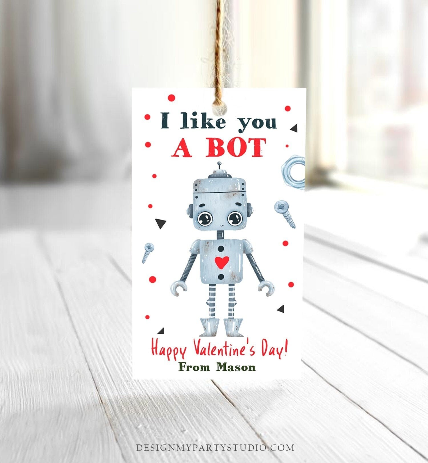 Editable Valentine's Day Card for Kids Robot Valentines Tag School I Like You A Bot Classroom Digital Download Template Printable 0370