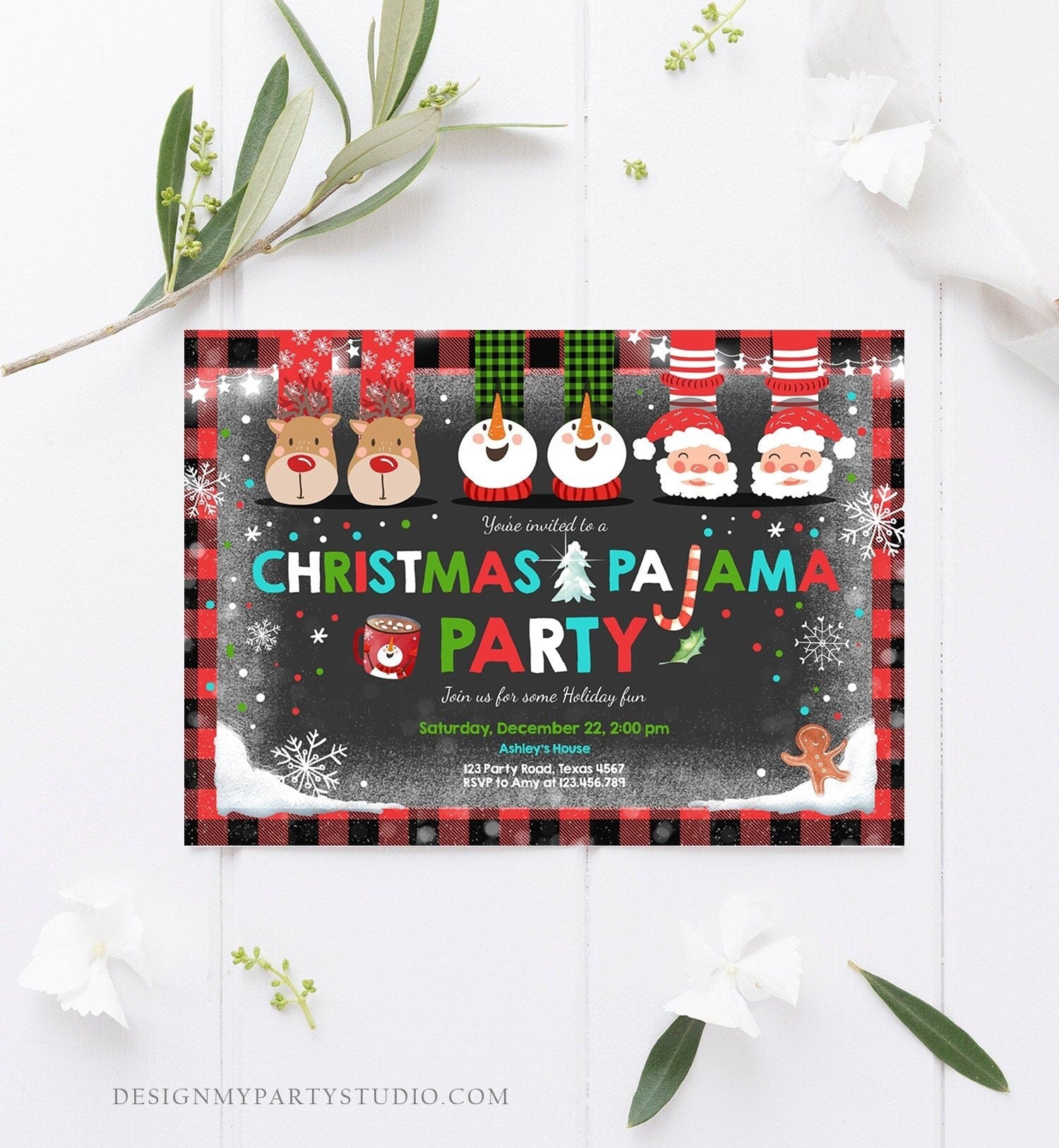 Editable Christmas Pajama Party Christmas Birthday Invitation Pancake Plaid Party Sleepover Digital Download Evite Template Printable 0274