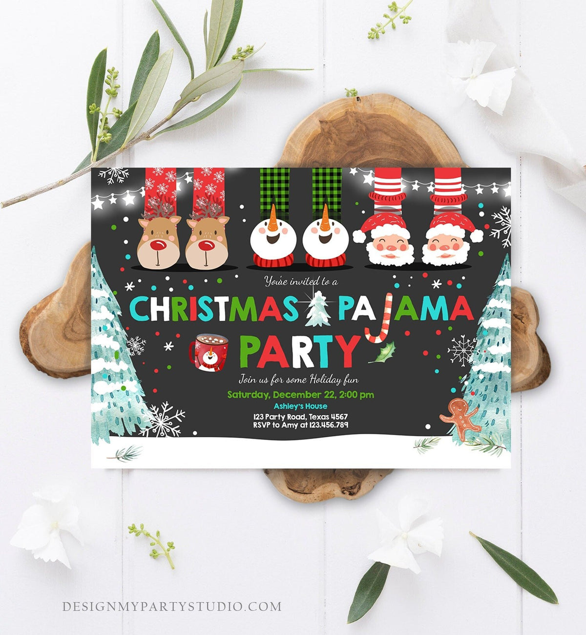 Editable Christmas Pajama Party Christmas Birthday Invitation Pancakes Xmas Party Sleepover Digital Download Evite Template Printable 0274