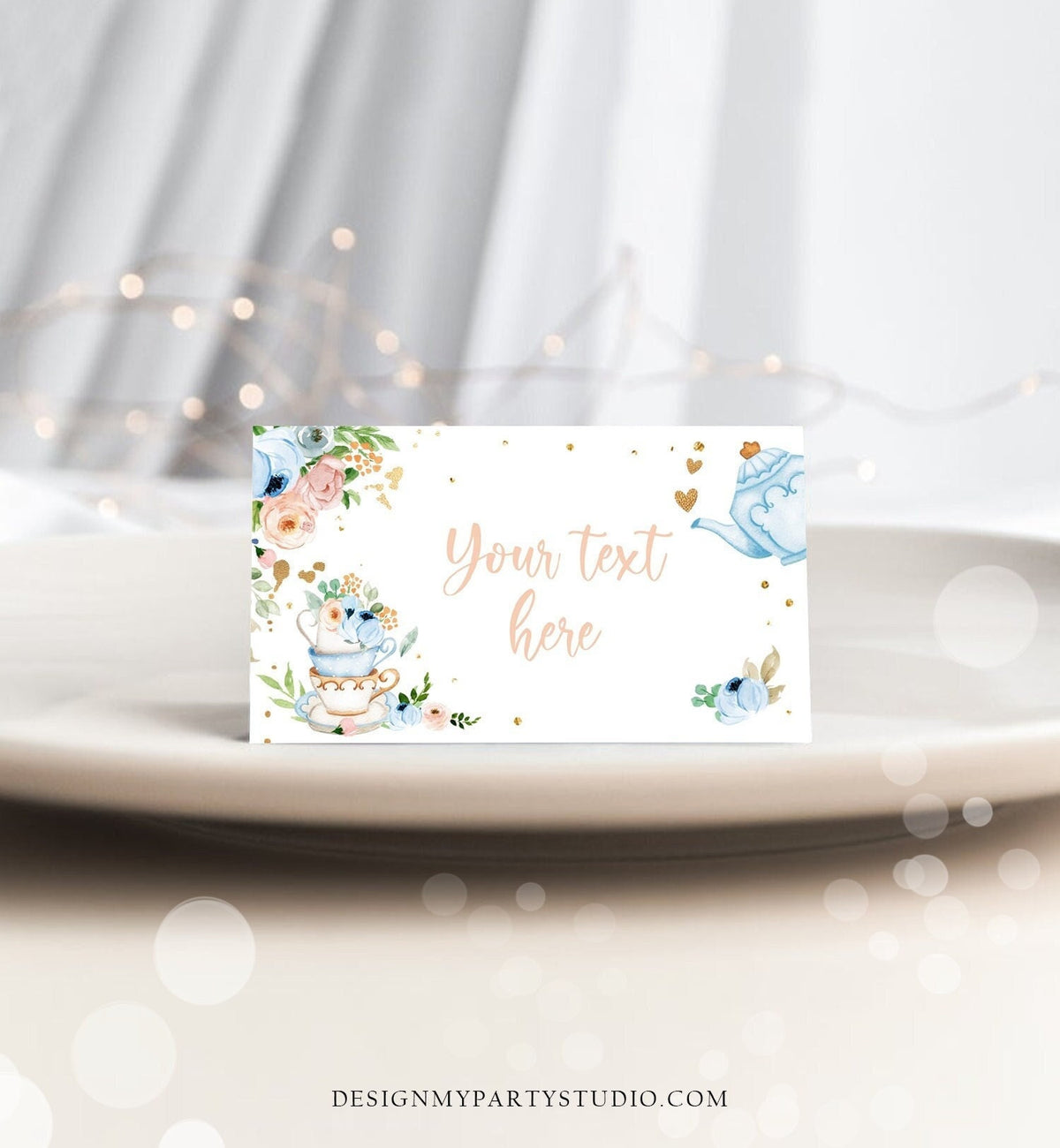 Editable Tea Party Food Label Tea Place Card Tent Card Escort Card Par-Tea Tea for Two Decor Girl Floral Blue Printable Corjl Template 0349