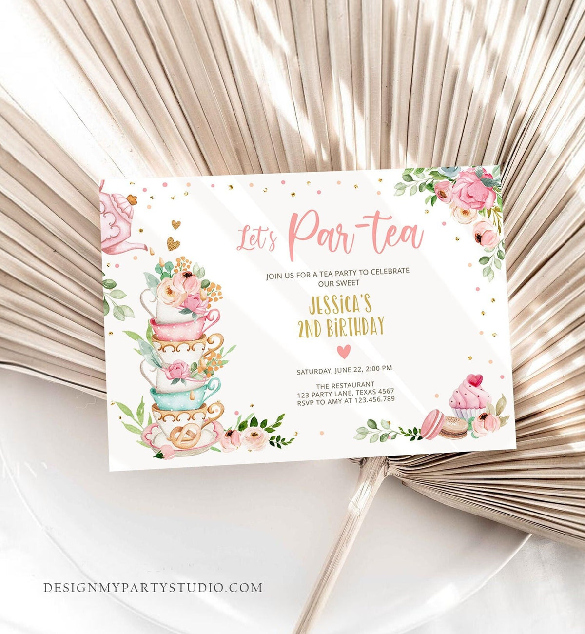 Editable Tea Party Birthday Invitation Girl Par-Tea Invite Floral Pink Gold Whimsical Tea Digital Download Evite Template Printable 0349