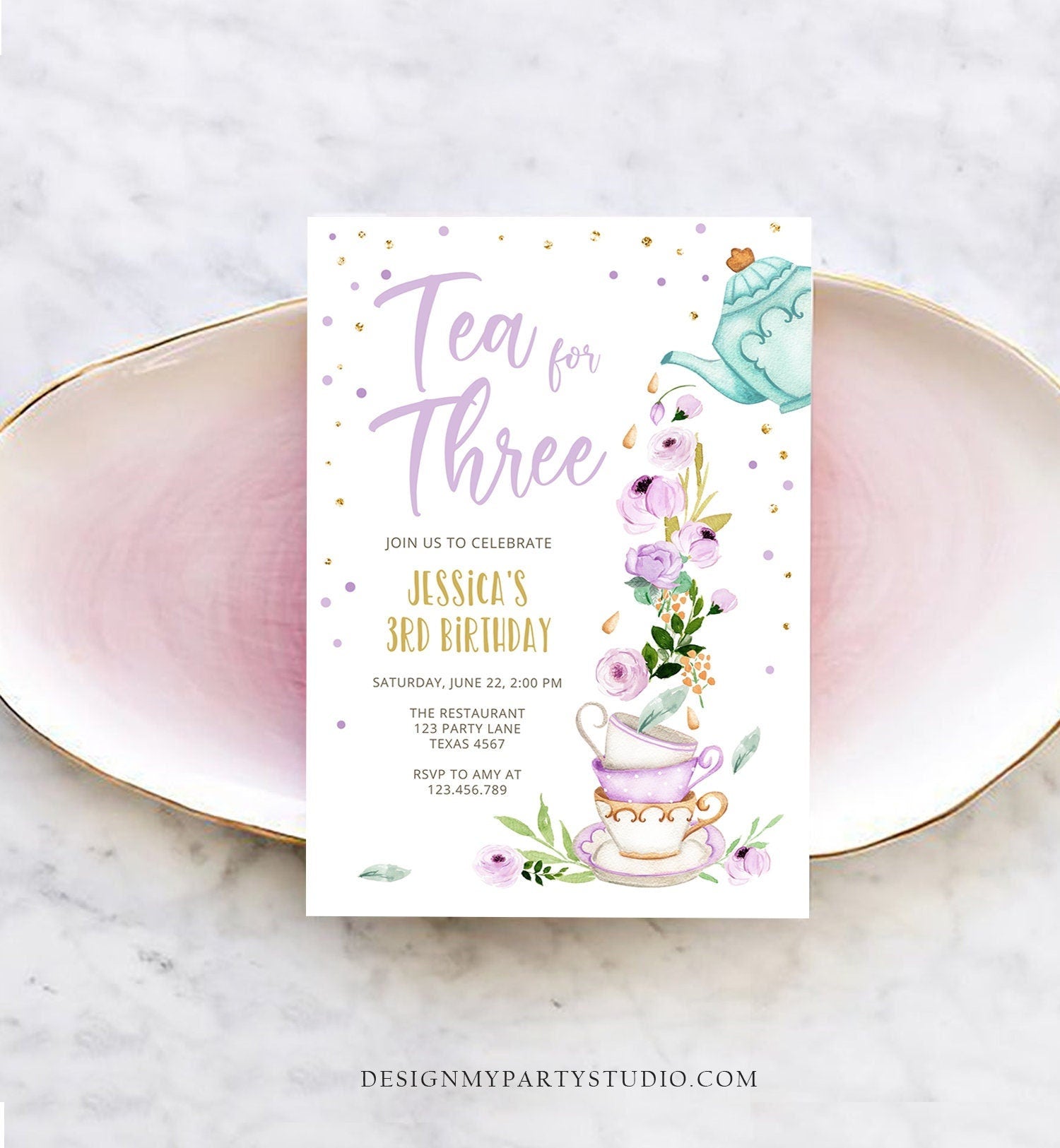Editable Tea for Three Birthday Invitation Girl Tea Party Invite Pink Purple Floral Whimsical Digital Download Evite Template Printable 0349