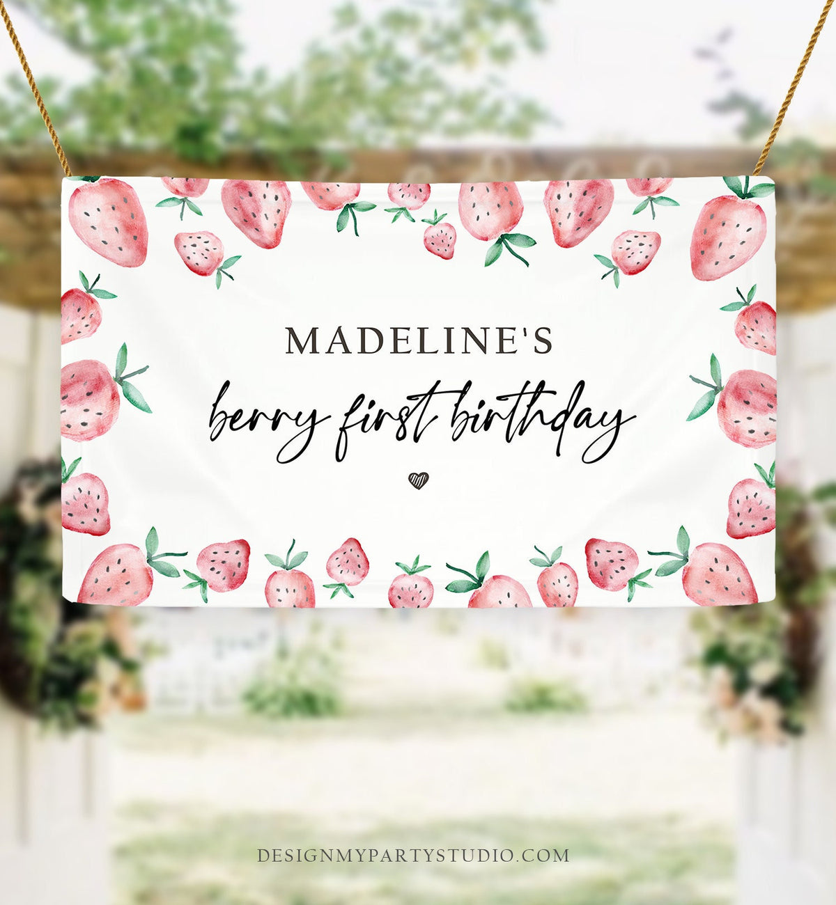 Editable Strawberry Backdrop Banner Strawberry Berry First Birthday Girl Strawberries Berry Sweet Digital Download Template Printable 0399