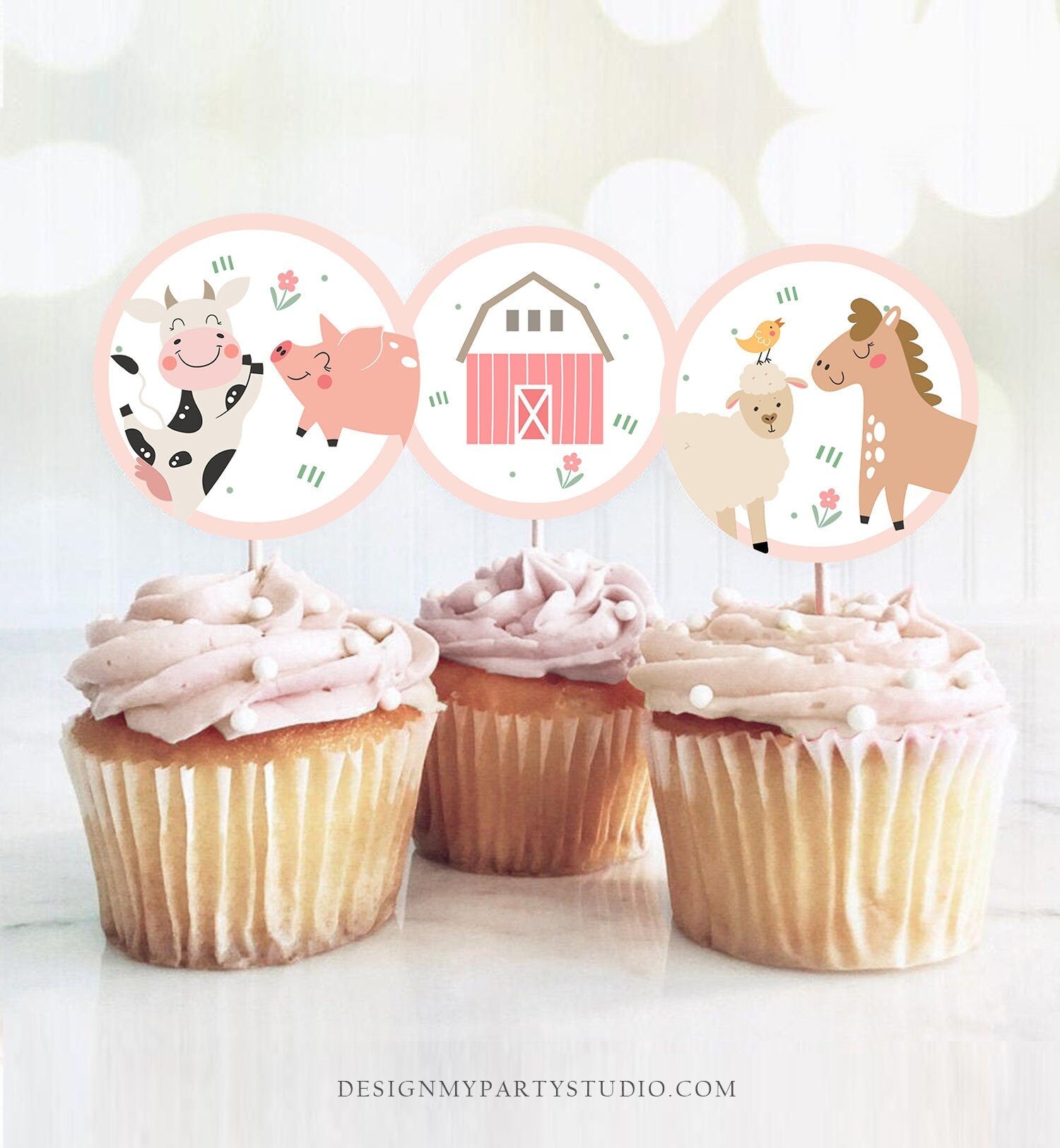 Pink Farm Birthday Cupcake Toppers Favor Tags Barnyard Birthday Party Decor Girl Farm Animals Sticker Modern Digital Download Printable 0436