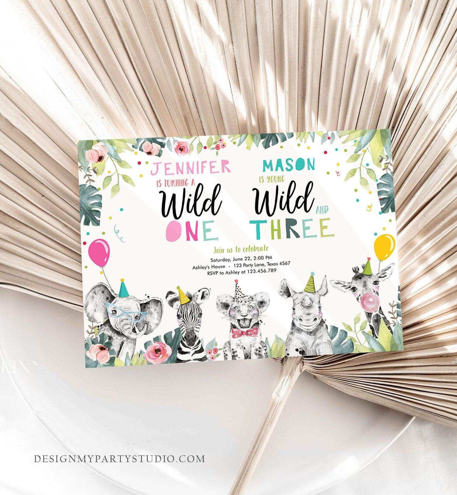 Editable Wild One Young Wild and Three Birthday Invitation Party Animals Boy Girl Joint First Third 1st 3rd Digital Template Printable 0322