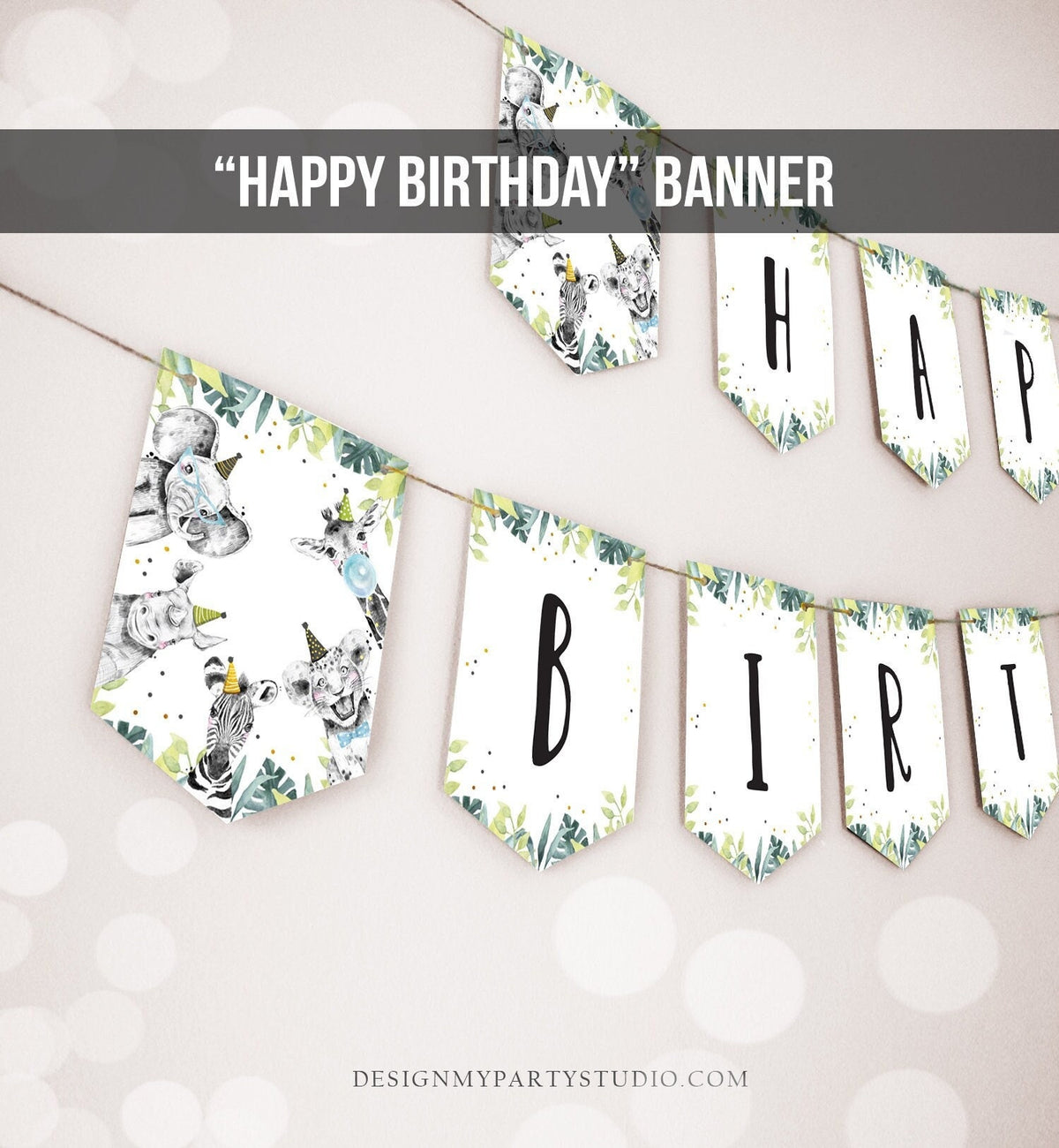 Happy Birthday Banner Safari Animals Blue Gold Party Animals Wild One Birthday Boy Zoo Decorations Digital Download Printable 0322