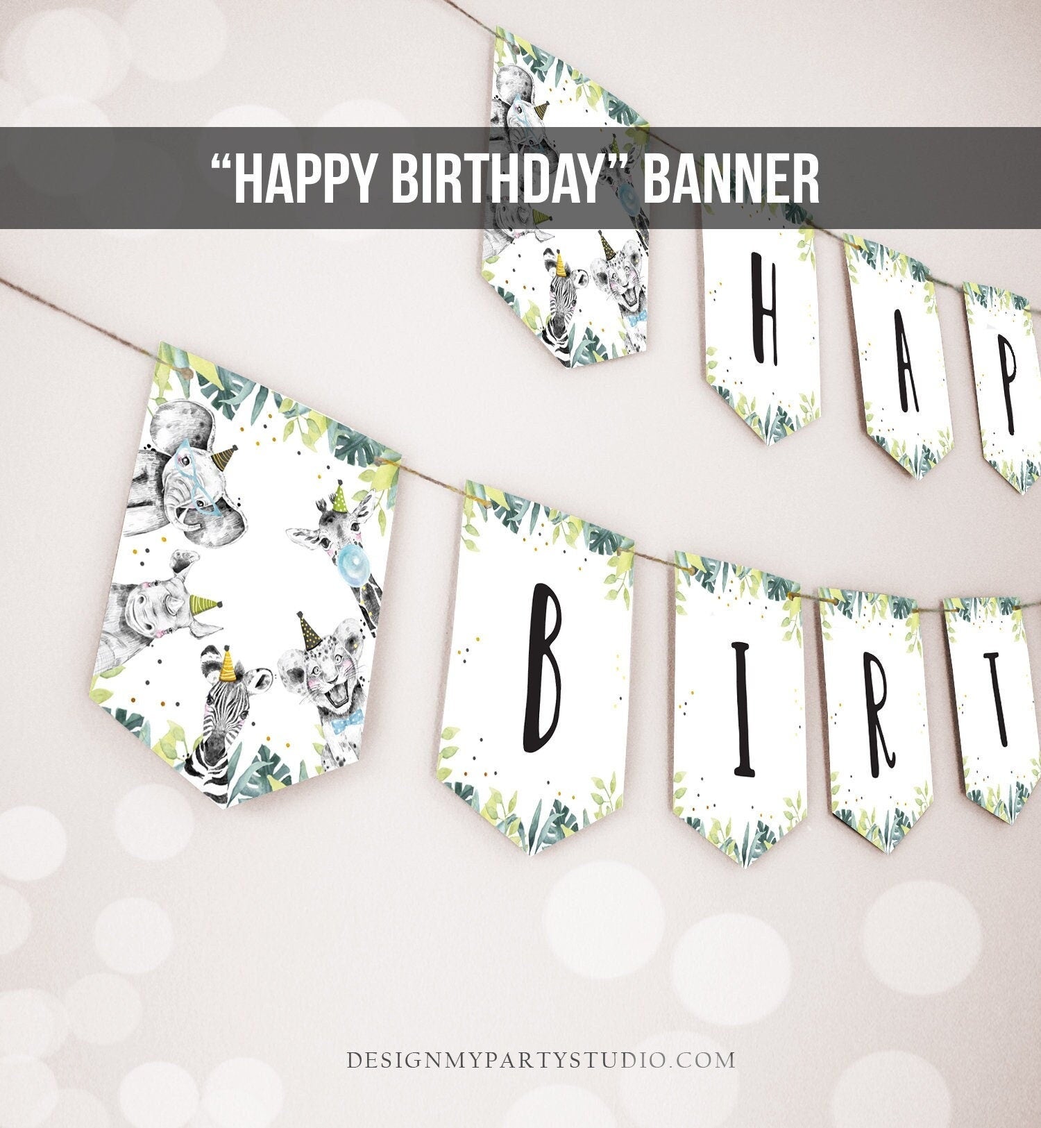 Happy Birthday Banner Safari Animals Blue Gold Party Animals Wild One Birthday Boy Zoo Decorations Digital Download Printable 0322