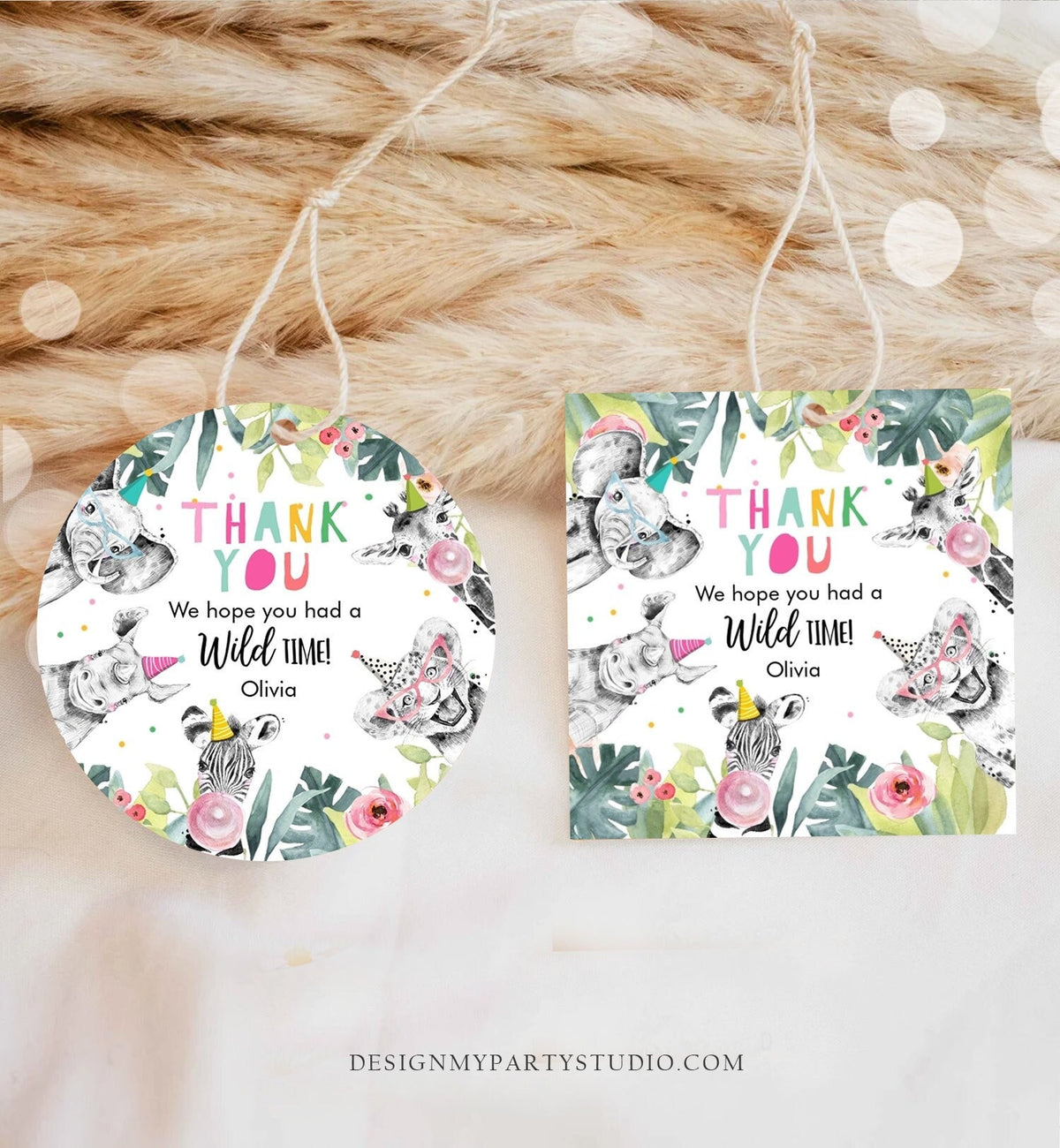 Editable Party Animals Favor Tag Wild One Animals Thank You Gift Safari Animals Birthday Wild Time Stickers Digital Template Printable 0322