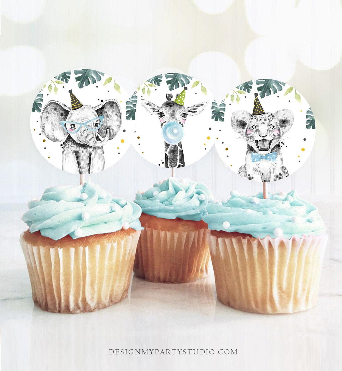 Party Animals Cupcake Toppers Favor Tags Birthday Party Decor Safari Animals Zoo Boy Wild One Green Gold Download Digital Printable 0322