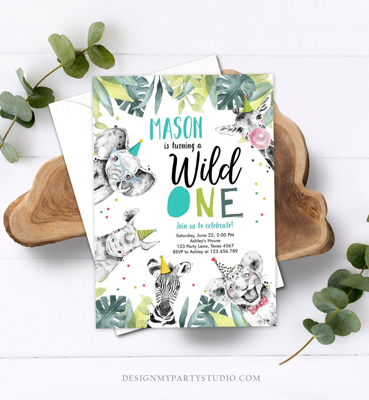 Editable Wild One Birthday Invitation Boy First Birthday Safari Animals Party Animals Born to be Wild Jungle Digital Template Printable 0322
