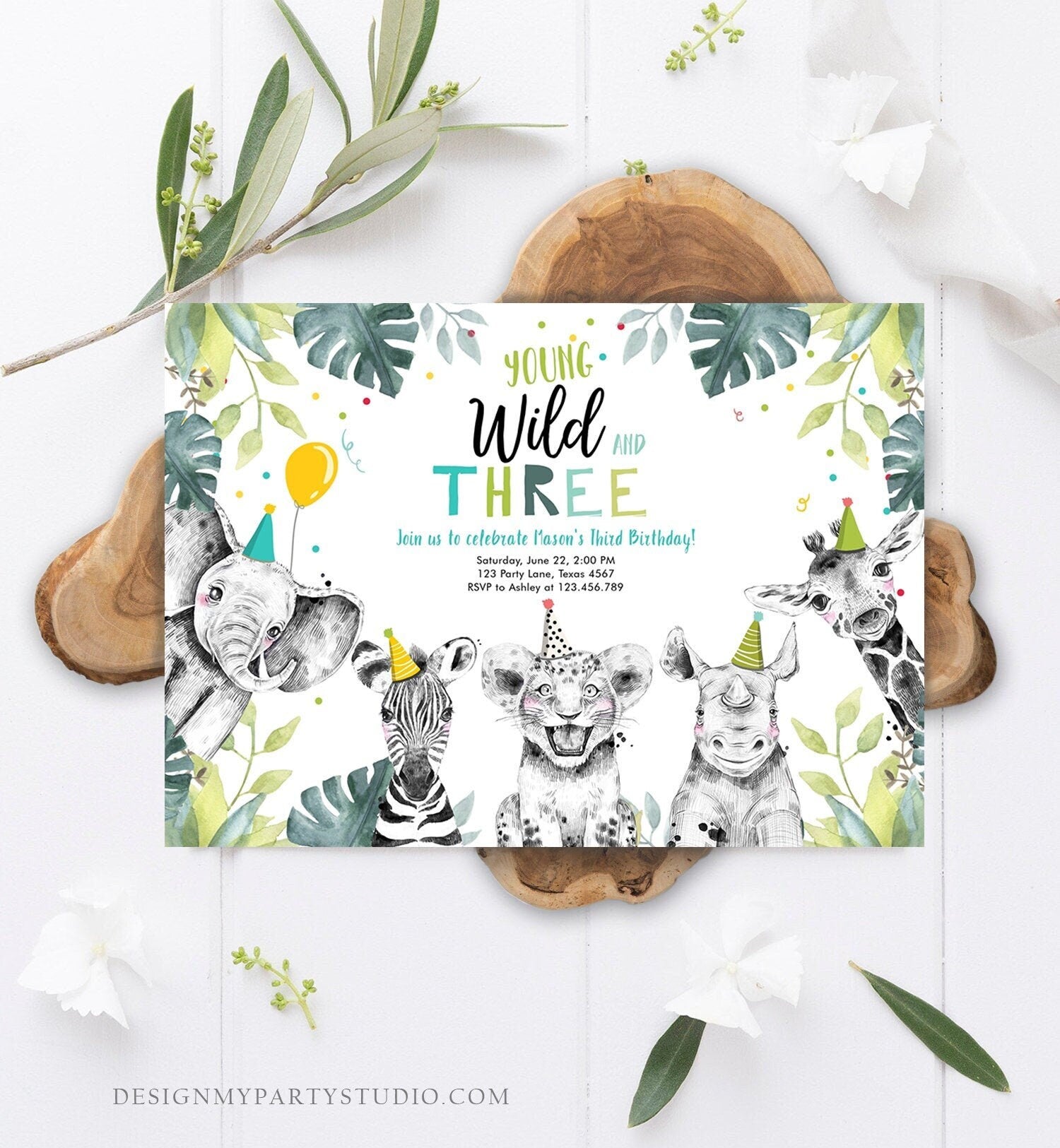 Editable Young Wild and Three Invitation Boy Safari Animals Zoo Wild Third Birthday 3rd Party Animals Digital Evite Template Printable 0322