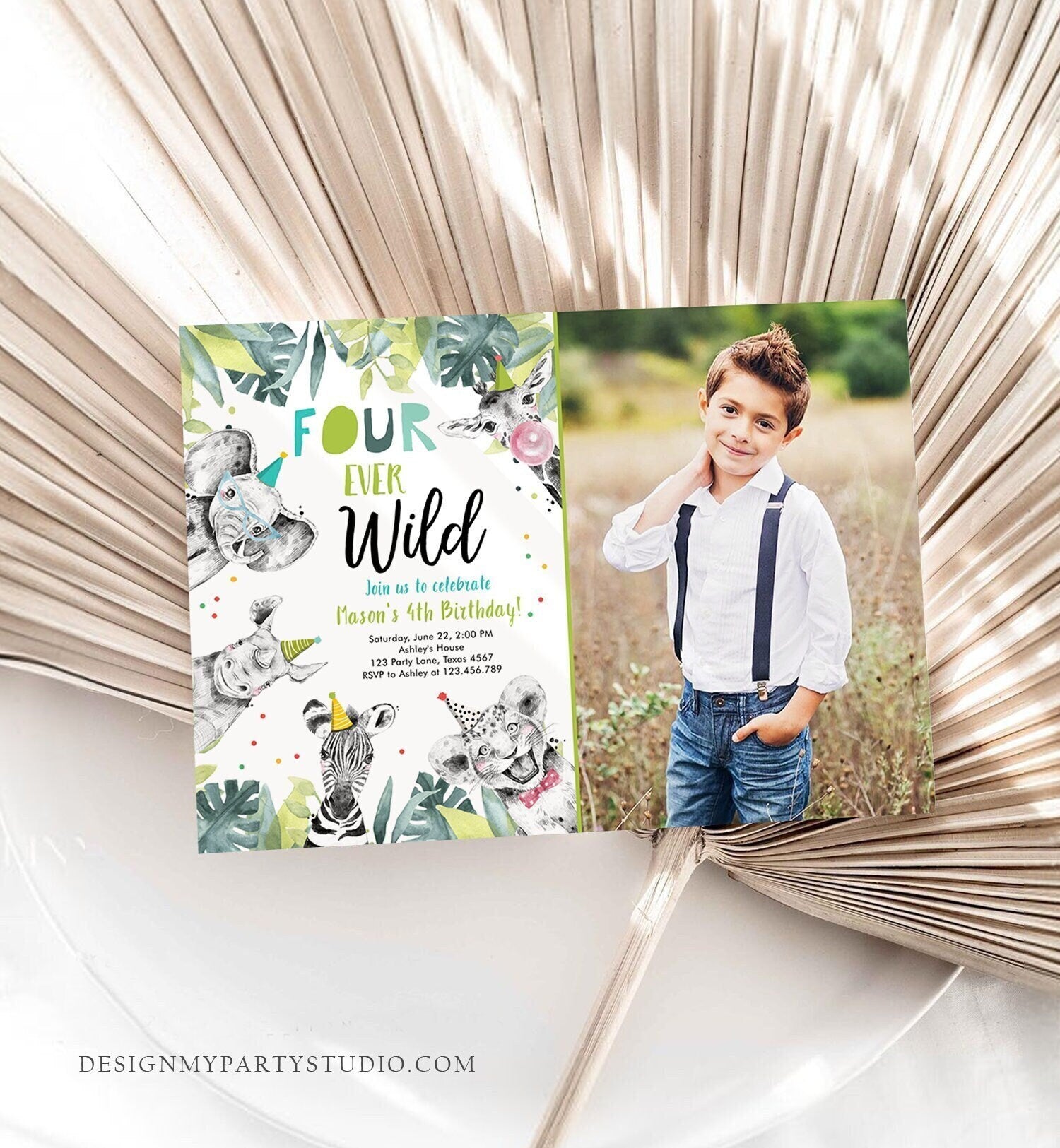 Editable Four Ever Wild Invitation Safari Animals Party Animals Boy Gold Fourth Birthday 4th Zoo Digital Evite Template Printable 0322